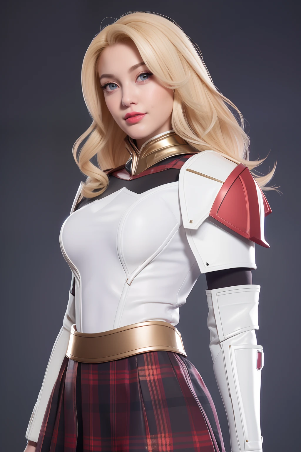 Beautiful Face Woman、a blond、white backgrounid、 Beautuful Women、18year old、prety woman、hyper realistic photography、High-definition photos、red lipsticks、Mandalorian Style Metal Armor Skirt Suit、The skin is not very exposed、Do not cut your head off the screen、Tartan check、White the、Facing the front