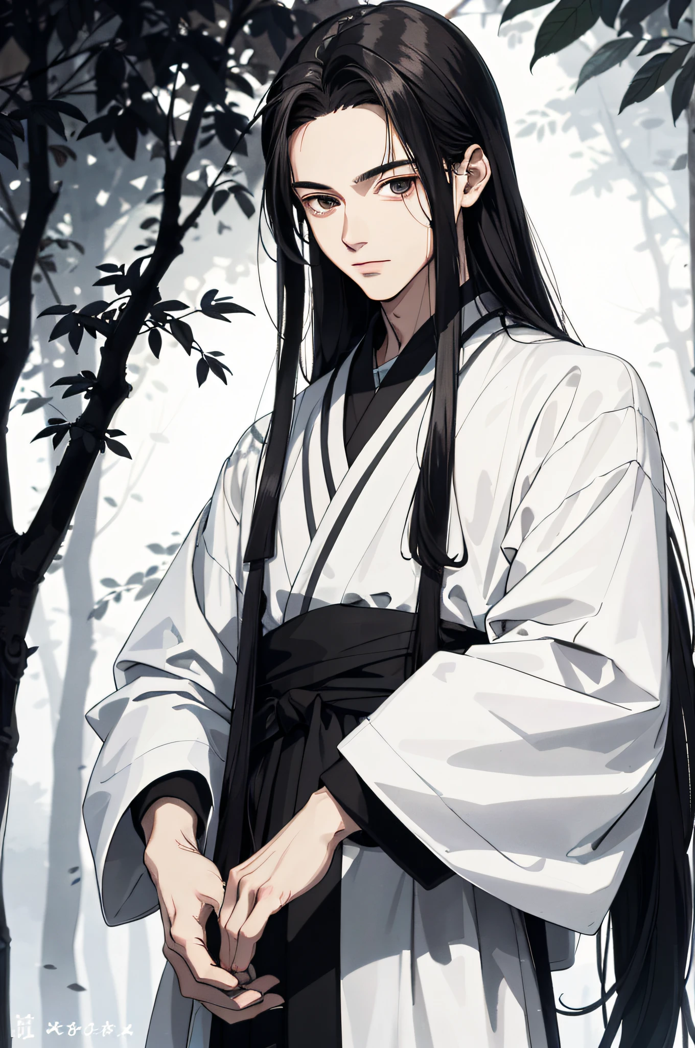 Absurd, High definition, Super detailed, Texture details, clear presentation, HD details, detail performance, Fine details, Clear face, Fix accurately, ((cabelos preto e longos))、long whitr hair、18-year-old man, Handsome, Tall,Soft smile、Slightly muscular,(Clear eyeballs), (1 person: 1.3), handpainted, Simple lines, (An 18-year-old man wearing a white Chinese suit), foggy forest、The upper part of the body