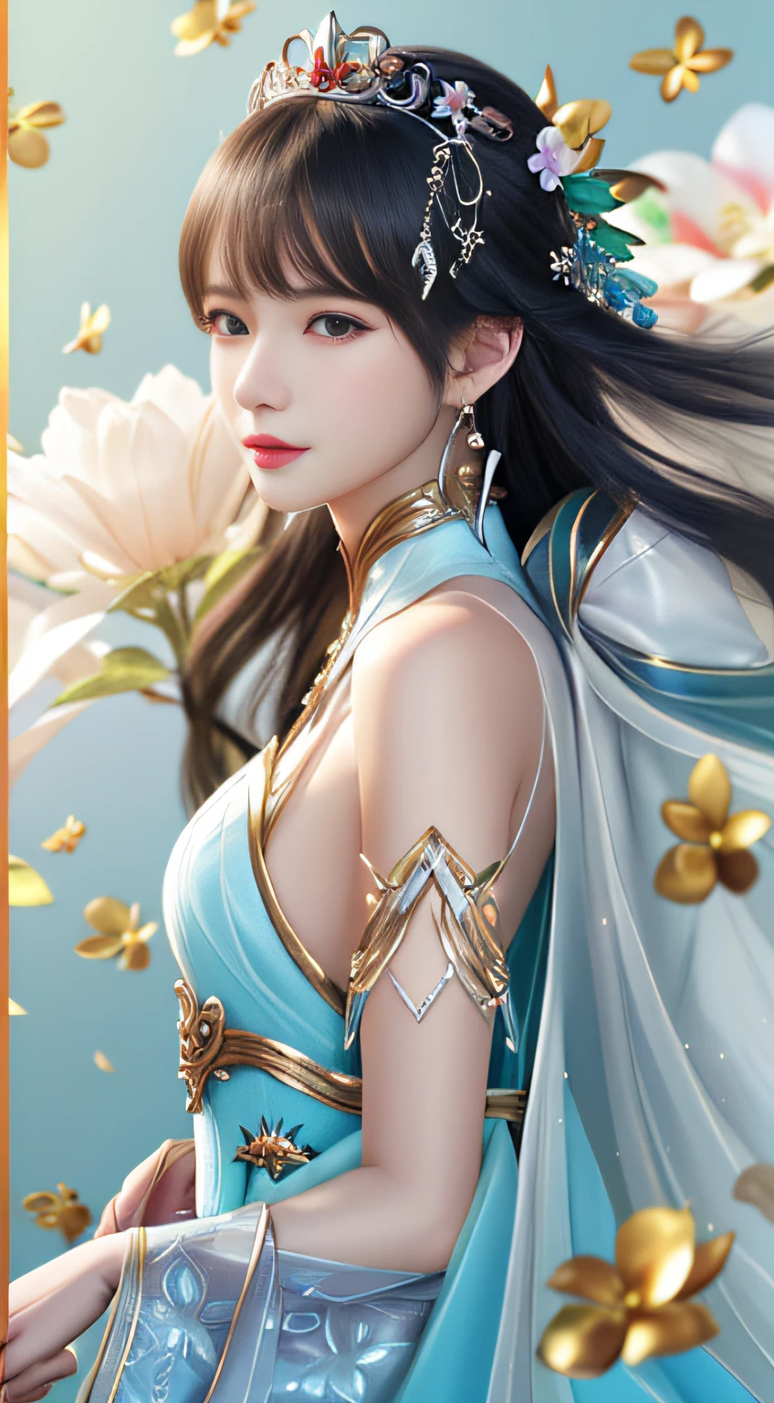 a close up of a drawing of a woman in a blue dress,A flower stuck in his hair, by Yang J, a beautiful fantasy empress, author:Fan Qi, Art germ. anime illustration, Extremely detailed Artgerm, ((a beautiful fantasy empress)), IG model | Art germ, Art germ. High detail, 8K high quality detailed art