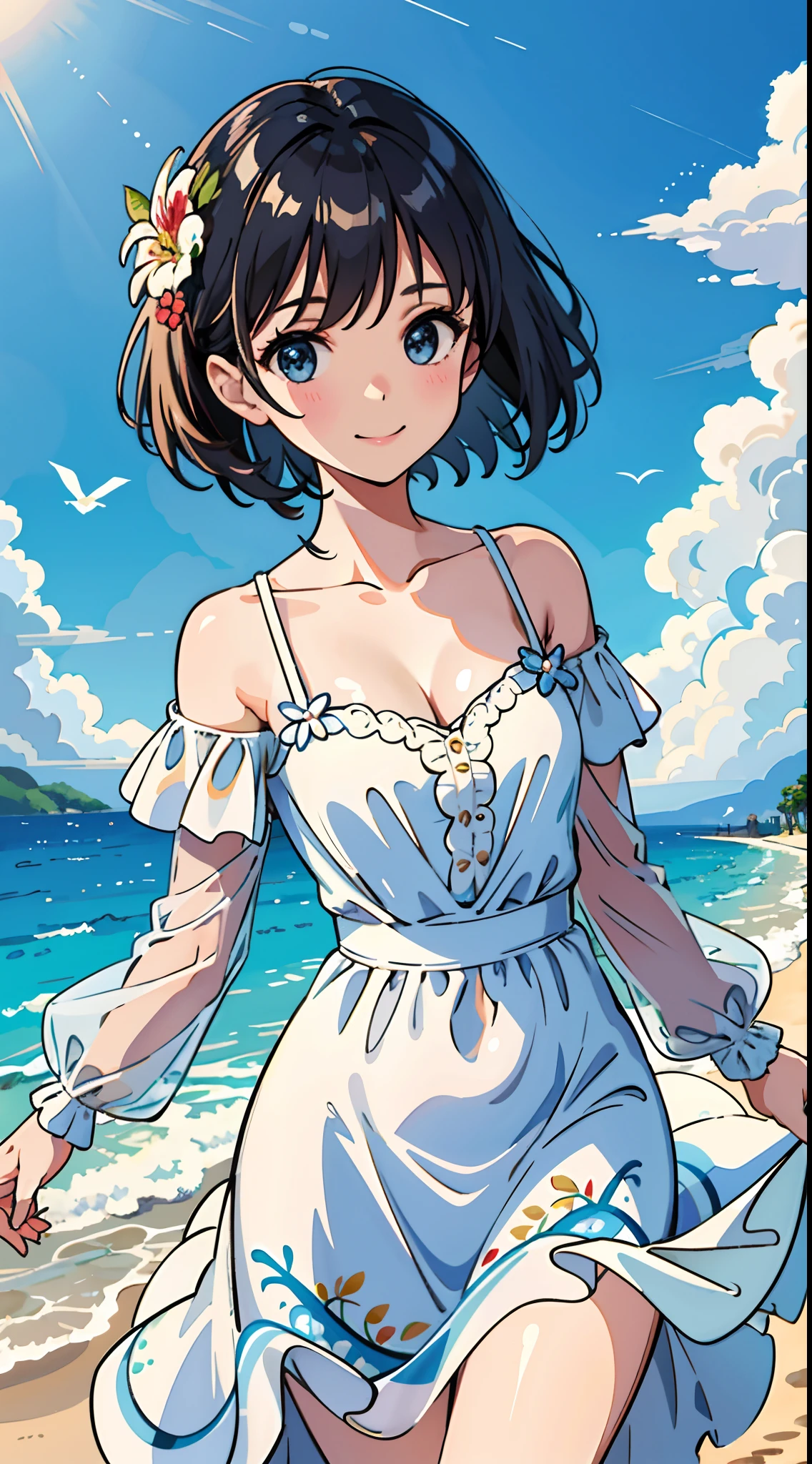 (Best quality, Masterpiece),  1girll, 10years old, Amazing, adolable, A heartwarming smile, Hourglass figure, Wear floral dresses, the sea，sandbeach，the trees，blue-sky，baiyun，seagulls，cleavage，Off-the-shoulder attire，Raised sexy，Close-up shot