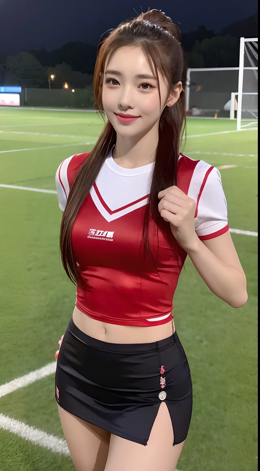 ((Best Quality, 8K, Masterpiece: 1.3)), 1girl, Slim Abs Beauty: 1.3, (Hairstyle Casual,Super Big Breasts: 2.5), Dress: 2.5, Super Fine Face, Delicate Eyes, Double Eyelids, Smile,Korean Girl,Age 17,Ponytail Brown Hair,Tight Wet Red Korean Shirt And Torn Wet Red Mini Skirt Outfit,On The Football Field,And Playing Football,Kick The Ball And Goal,