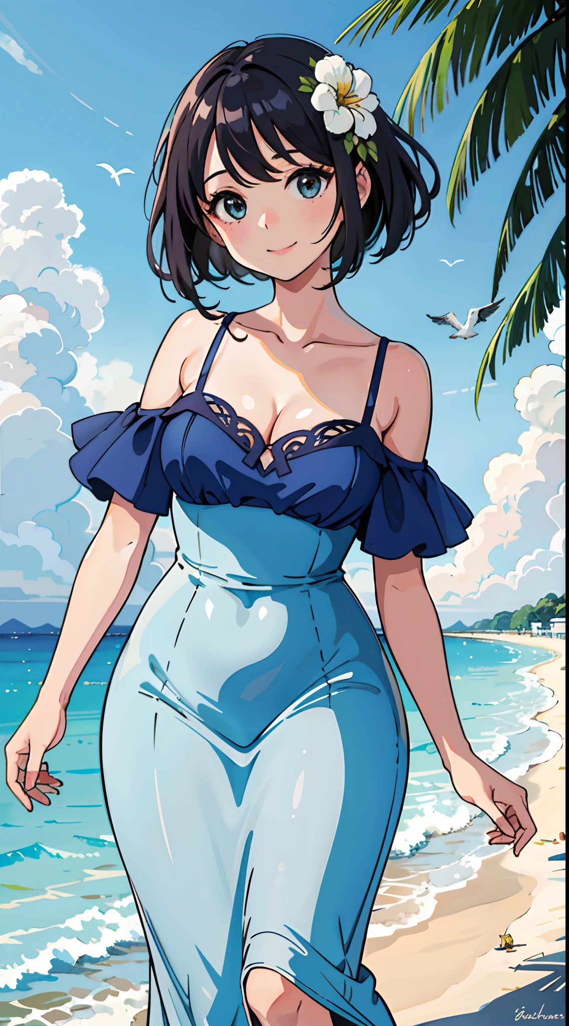 (Best quality, Masterpiece),  1girll, 10years old, Amazing, adolable, A heartwarming smile, Hourglass figure, Wear floral dresses, the sea，sandbeach，the trees，blue-sky，baiyun，seagulls，cleavage，Off-the-shoulder attire，Raised sexy，Close-up shot