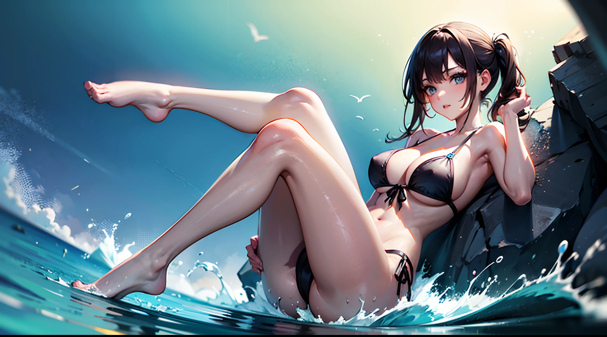 Masterpiece, top quality, 1 girl, wetted skin、swimwear, full body illustration