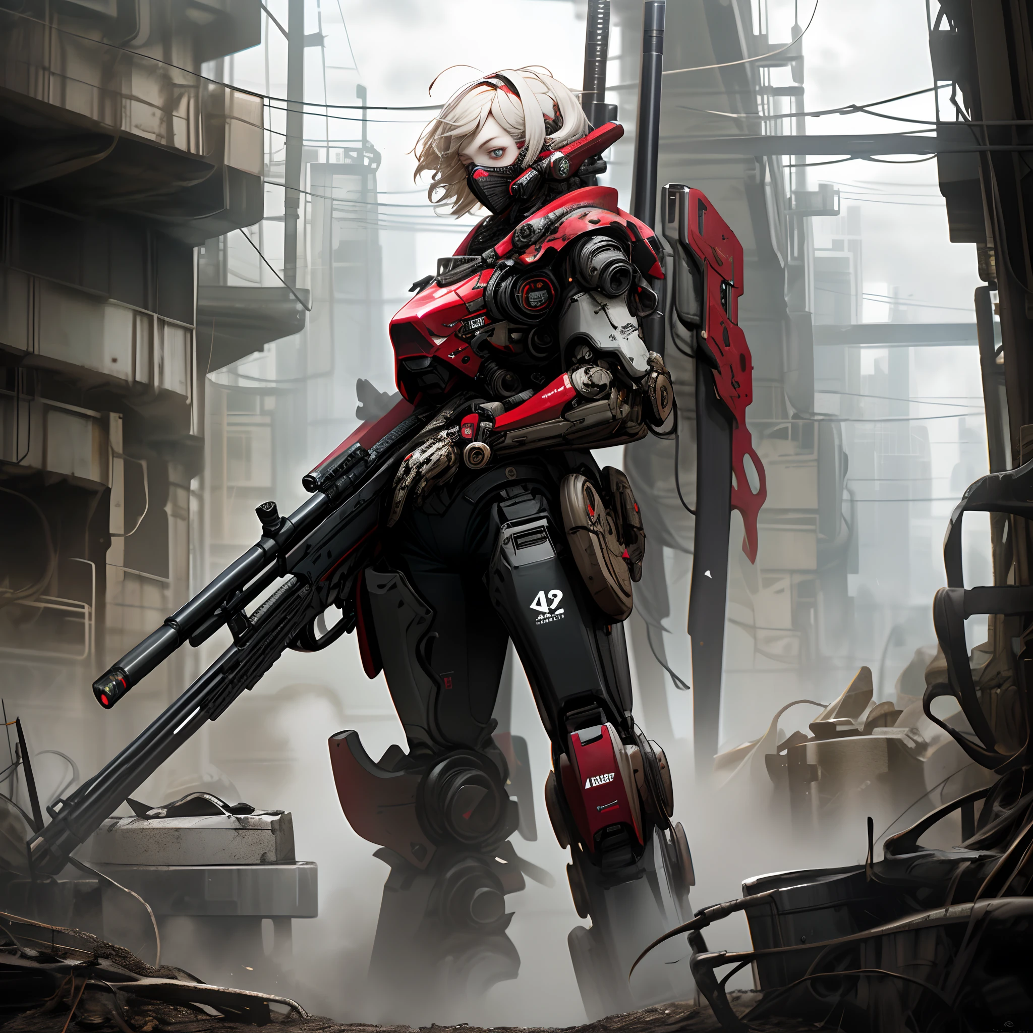 This is a CG Unity 8k wallpaper with ultra-detailed, high-resolution and top quality in cyberpunk style, dominated by black and red. In the picture, a beautiful girl with white messy short hair, a delicate face, wearing a steam mecha mask, standing on the ruins, behind her is a huge robot, and the action of a woman holding a heavy sniper rifle in her hand,