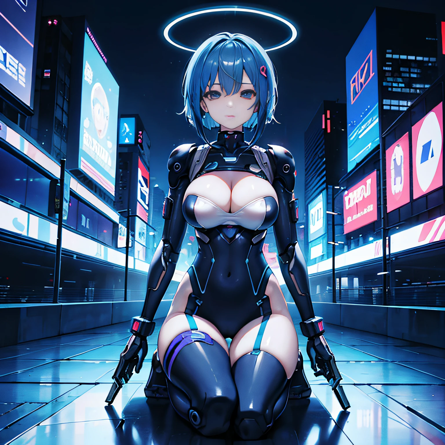 Images of erotic beautiful cyberpunk women,nffsw(HighDynamicRange),Ray traching,PBR Texturing,Anisotropy Filtering,depth of fields、tits out、Cyberpunk、cleavage of the breast、Beautifully shaped breasts、Beautiful raw boob shapes、Blue Mechanical Suit、Near Future Cyber Suit、Blue Cyber Suit、Blue erotic costume、highleg、Night Cyber City、Cyber City、Thin leg、Raw feet、Skin revealing、Riding a robot、Blue-haired、Blue hair short bob