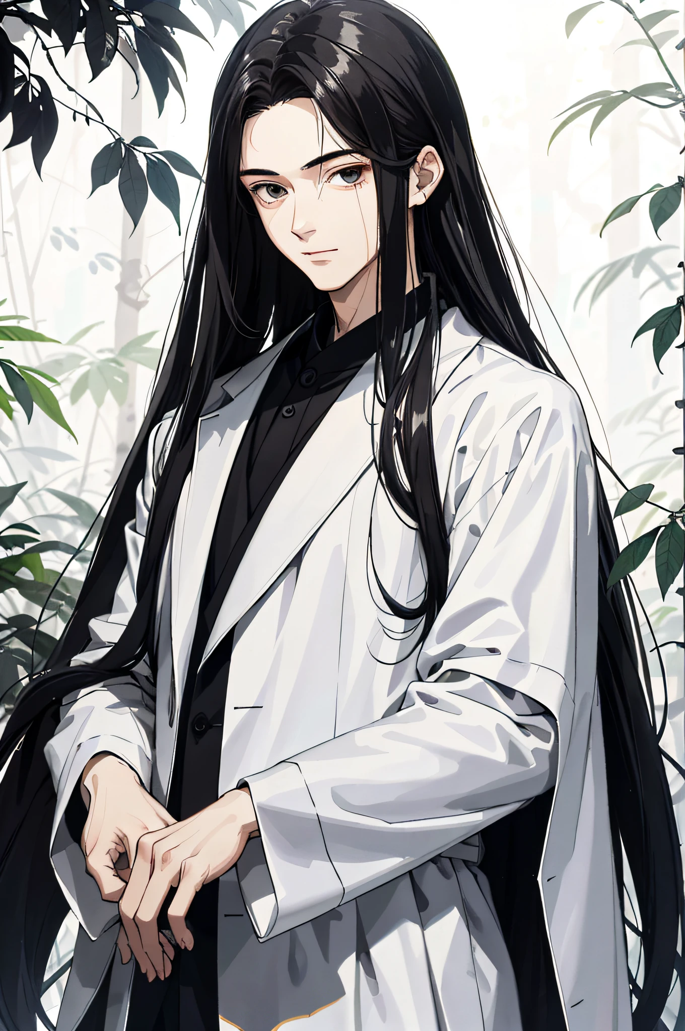 Absurd, High definition, Super detailed, Texture details, clear presentation, HD details, detail performance, Fine details, Clear face, Fix accurately, ((cabelos preto e longos))、long whitr hair、18-year-old man, Handsome, Tall,Soft smile、Slightly muscular,(Clear eyeballs), (1 person: 1.3), handpainted, Simple lines, (An 18-year-old man wearing a white Chinese suit), foggy forest、The upper part of the body