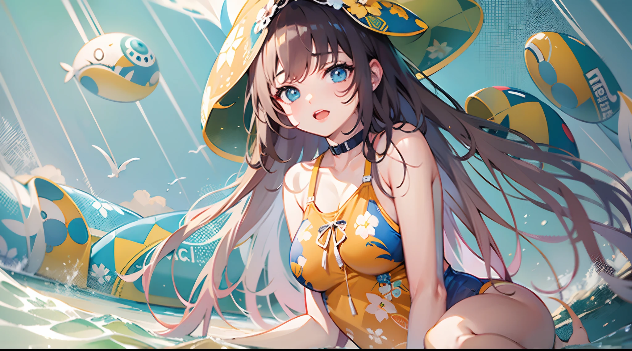 Masterpiece, top quality, 1 girl, wetted skin、swimwear, full body illustration