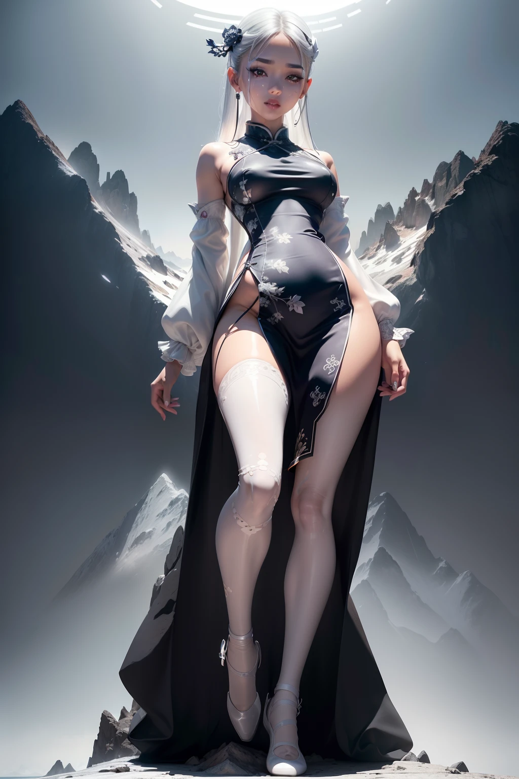 Splitting characters is prohibited，(Full body shot:2),(1girll:1.5)， Must show your face, (anatomy correct:1.3), (Dance on top of a mountain:1.9)，The breath of nature， (Gorgeous Chinese dress:1.5)，(Polished pointed toe heels:1.2),（lacepantyhose：1.9）， Keep your feet off the ground，（In pink|amarelo|blue colors|green color|red colour|white colors|black in color|purpleish color|greys|Beige|Flesh-colored），(Accurate and perfect face:1.3)，(Skin reflection:1.5)，(gloss on the skin:1.5)，A shallow laugh, (Complex and detailed background:1.9)，Strangling effect,hyper HD, Ray traching, reflective light，structurally correct, Award-Awarded, high detal, lightand shade contrast, Face lighting，cinmatic lighting, tmasterpiece, super detailing, high high quality, high detal, best qualityer, 16k