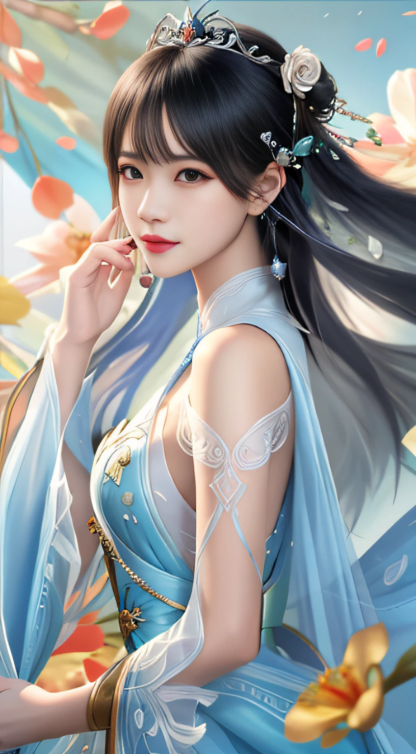 a close up of a drawing of a woman in a blue dress，A flower stuck in his hair, by Yang J, a beautiful fantasy empress, author：Fan Qi, Art germ. anime illustration, Extremely detailed Artgerm, ((a beautiful fantasy empress)), IG model | Art germ, Art germ. High detail, 8K high quality detailed art