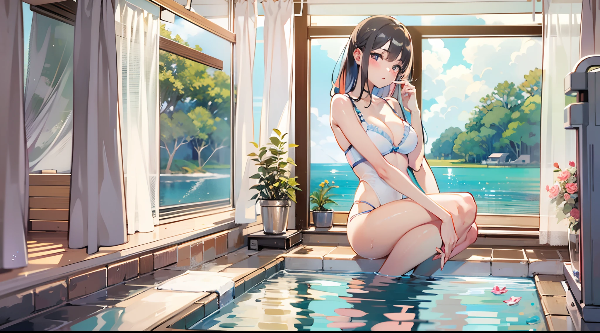 Masterpiece, top quality, 1 girl, wetted skin、swimwear, full body illustration