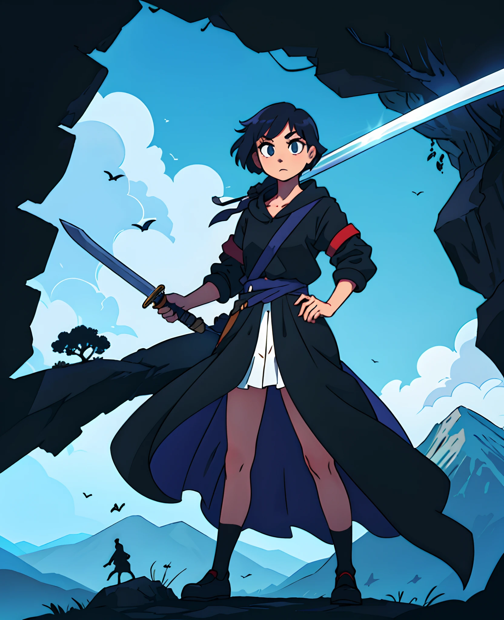 Girl with a sword in hand Retro Black theme Standing on a mountain Anime style Minimalist