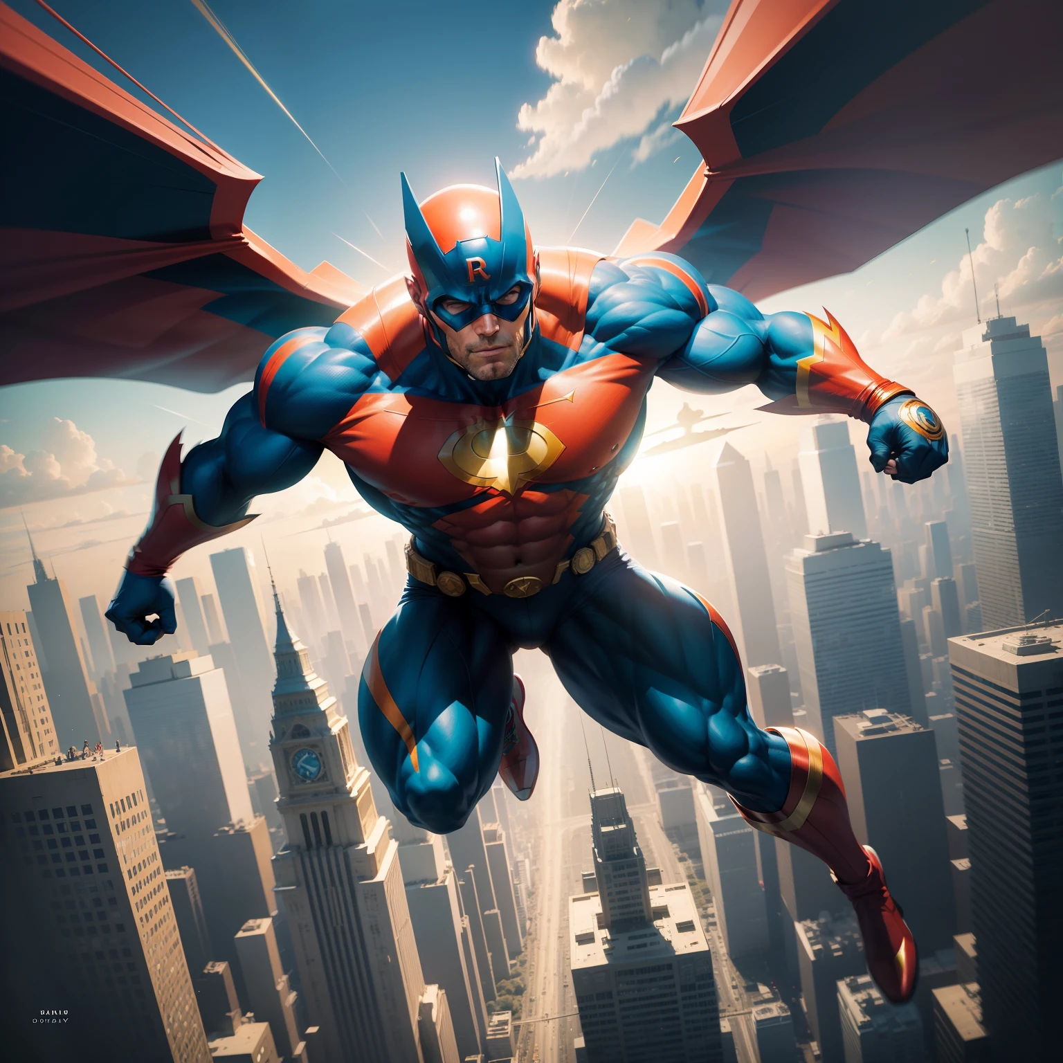 Dynamic illustration of a superhero in mid-flight above a bustling
city. displaying vibrant colors and exaggerated muscles.
embodying the epitome of strength and hope in a comic book
style