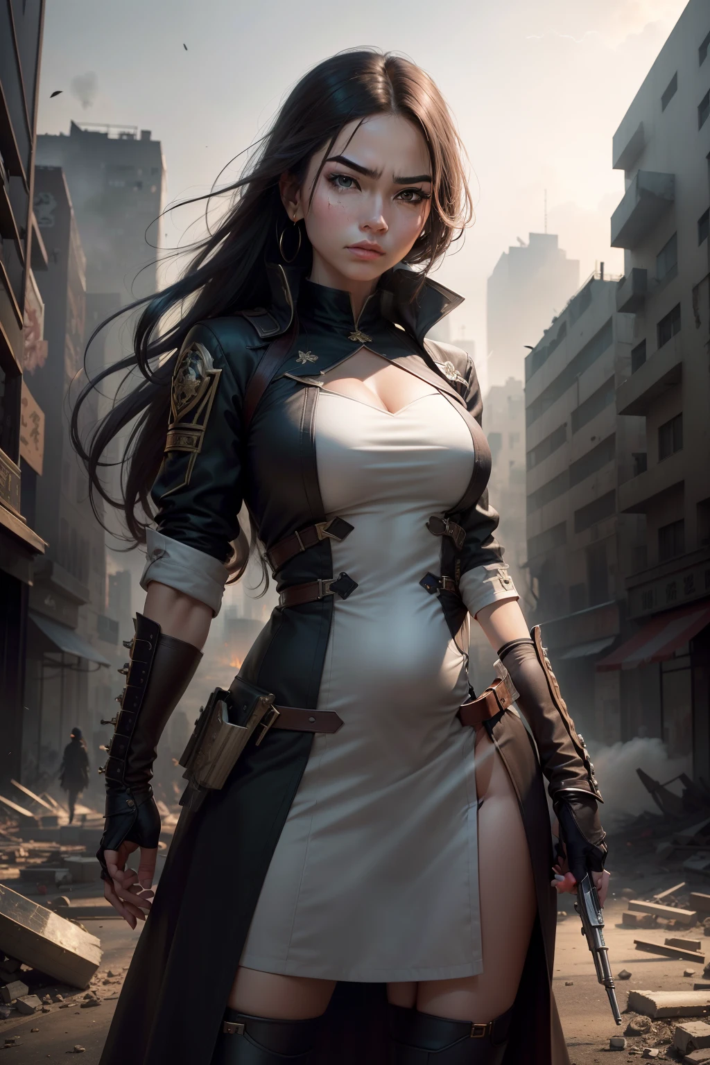 A beautiful and charming woman, Brow furrowed,A serious expression on his face. She stands in a dangerous scene, Surrounded by shattered buildings and smoke-filled air. Her hand gripped the weapon tightly, Be prepared to protect those around her.,in the style of the stars art group xing xing, 32K, Best quality, Masterpiece, Super detail, High details
