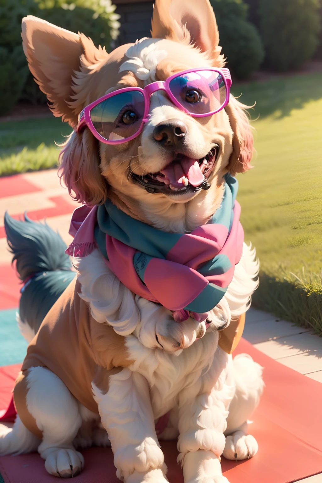 Green Scarf。Pink sunglasses with wide rimmes。Blue Pattern Scarf。 Toy poodle、Close to the photo、Realistic images in every detail、On the lawn、Seated Pose、Dog smiling with slightly open mouth。Wearing a red baseball cap diagonally over his head。Pink sunglasses with wide rimmes、Blue patterned R scarf。