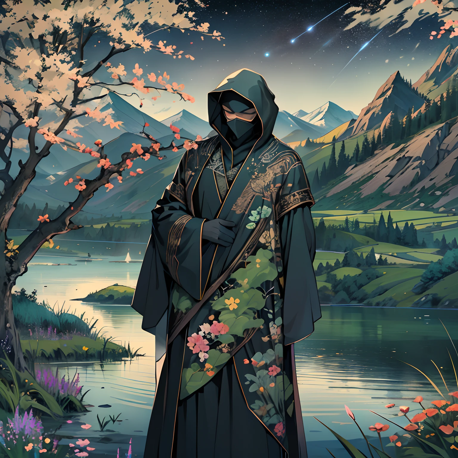 A mysterious figure wearing a black robe and a mask on his face, standing in a peaceful landscape with beautiful mountains and lakes in the distance, surrounded by green grass and blooming trees. He extends a hand as if guarding this peaceful world.,in the style of the stars art group xing xing, 32k, best quality, masterpiece, super detail, high details