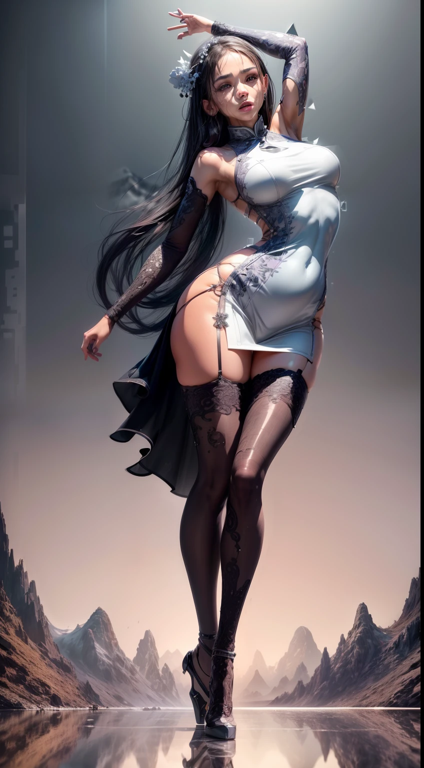Splitting characters is prohibited,(Full body shot:2),(1girll:1.5), Must show your face, (anatomy correct:1.3), (Dance on top of a mountain:1.9),The breath of nature, (Gorgeous Chinese dress:1.5),(Polished pointed toe heels:1.2),(lacepantyhose:1.9), Keep your feet off the ground,(In pink|amarelo|blue colors|green color|red colour|white colors|black in color|purpleish color|greys|Beige|Flesh-colored),(Accurate and perfect face:1.3),(Skin reflection:1.5),(gloss on the skin:1.5),A shallow laugh, (Complex and detailed background:1.9),Strangling effect,hyper HD, Ray traching, reflective light,structurally correct, Award-Awarded, high detal, lightand shade contrast, Face lighting,cinmatic lighting, tmasterpiece, super detailing, high high quality, high detal, best qualityer, 16k
