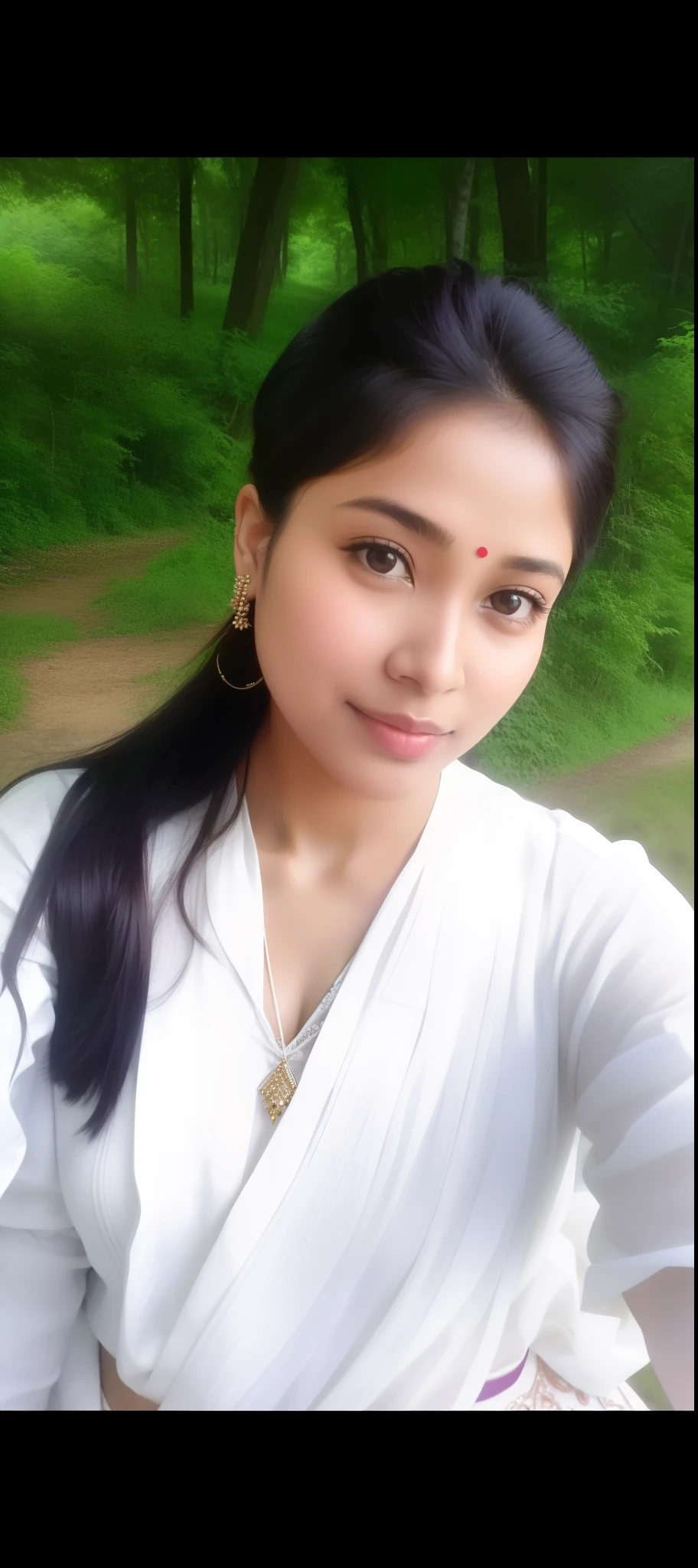 there is a woman that is taking a selfie in the woods, assamese, assamese aesthetic, with lovely look, indian girl with brown skin, selfie of a young woman, with accurate face, student, portait photo profile picture, profile pic, nivanh chanthara, with cute - fine - face, photo taken in 2 0 2 0