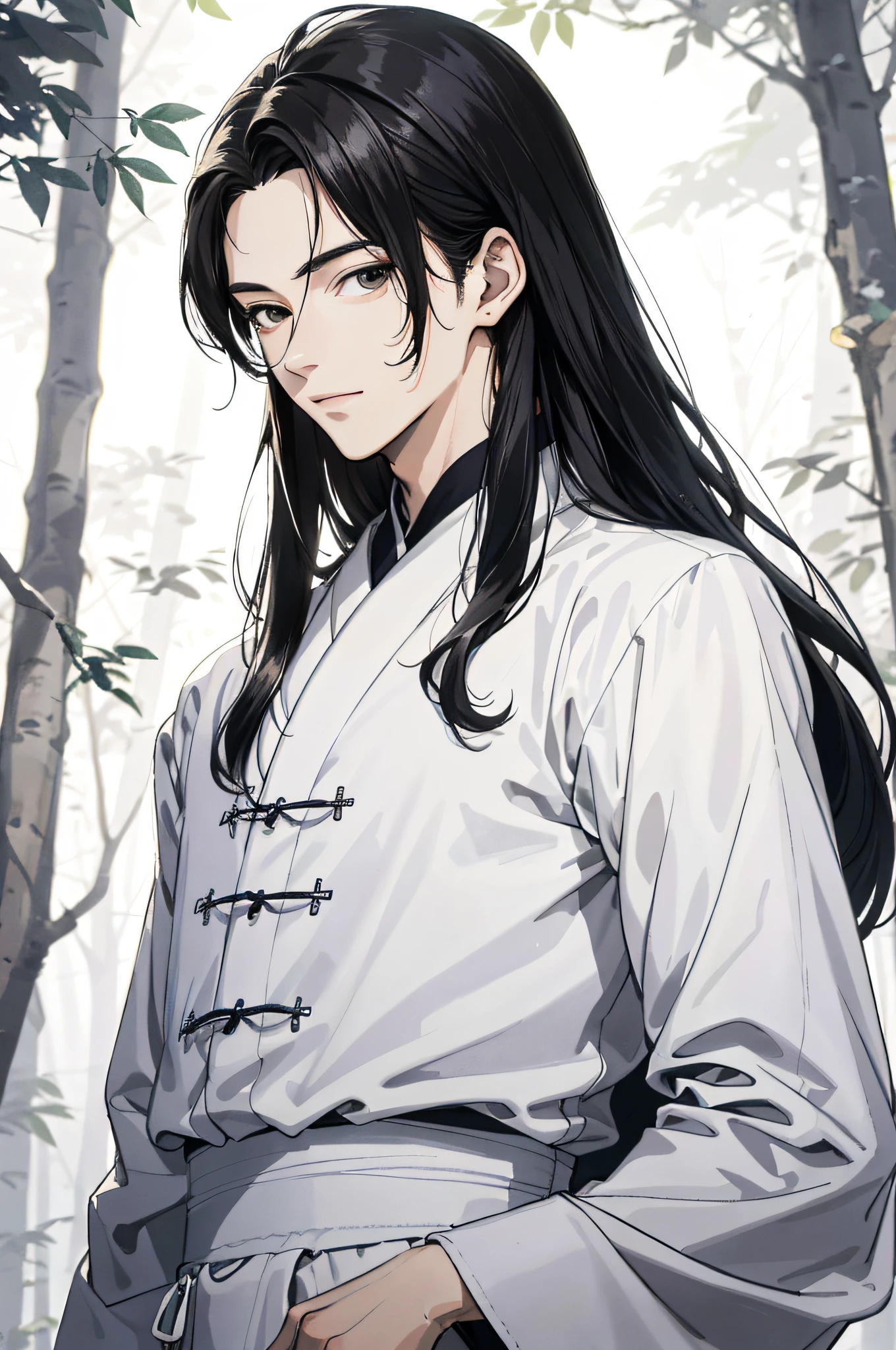 Absurd, High definition, Super detailed, Texture details, clear presentation, HD details, detail performance, Fine details, Clear face, Fix accurately, （（cabelos preto e longos））、long whitr hair、18-year-old man, Handsome, Tall,Soft smile、Slightly muscular,（Clear eyeballs）, (1 person: 1.3), handpainted, Simple lines, （An 18-year-old man wearing a white Chinese suit）, foggy forest、The upper part of the body