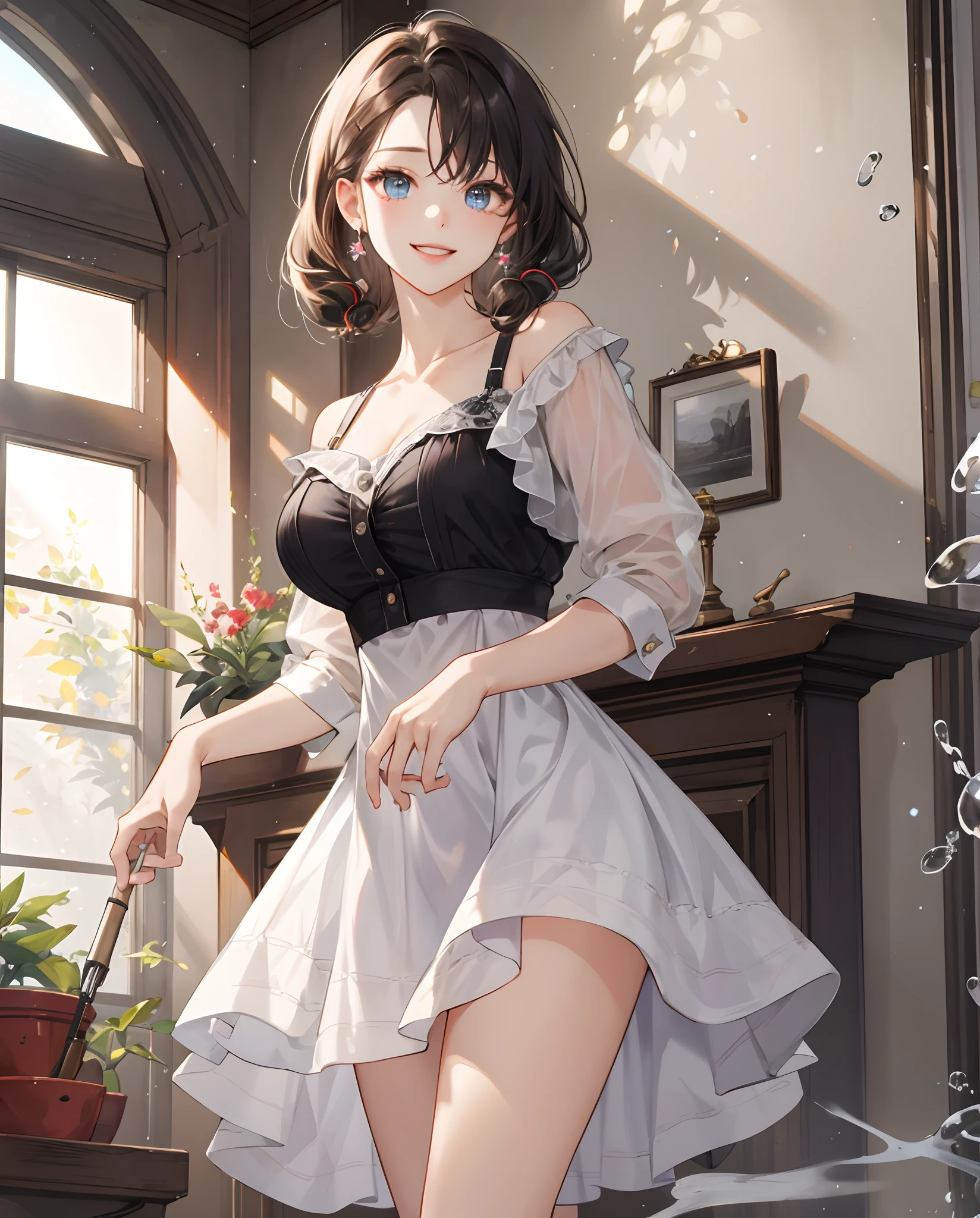 ((Best Quality, 8K, Masterpiece: 1.3)), 1girl, Slim Abs Beauty: 1.3, (Hairstyle Casual, Leaky Big Breasts: 1.2), Dress: 1.1, Super Fine Face, Delicate Eyes, Double Eyelids, Smile, Home