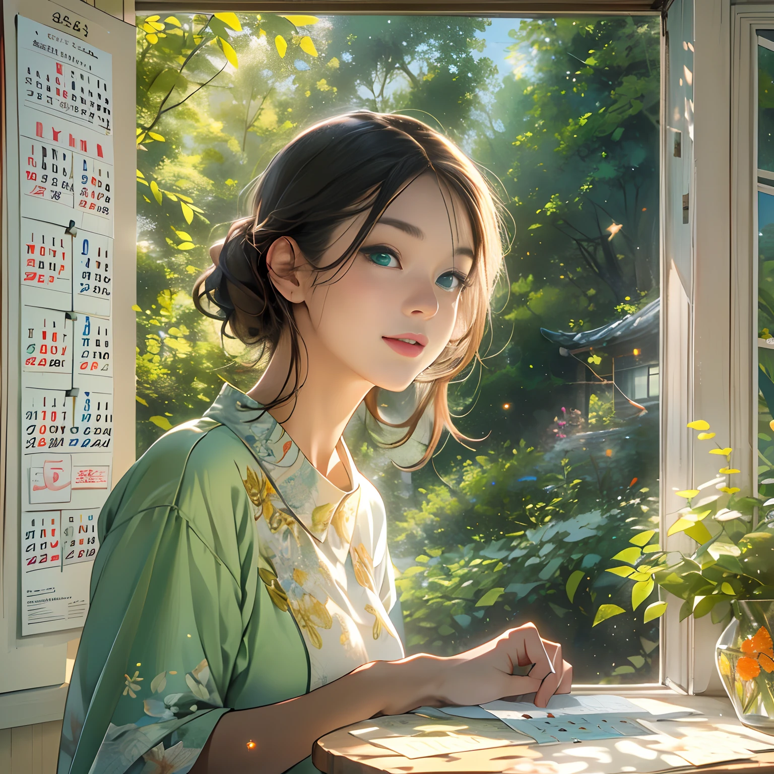 A young woman standing by the window, looking at the calendar with anticipation, bright sunlight and green trees outside the window, reflecting his joy., ,in the style of the stars art group xing xing, 32k, best quality, masterpiece, super detail, high details