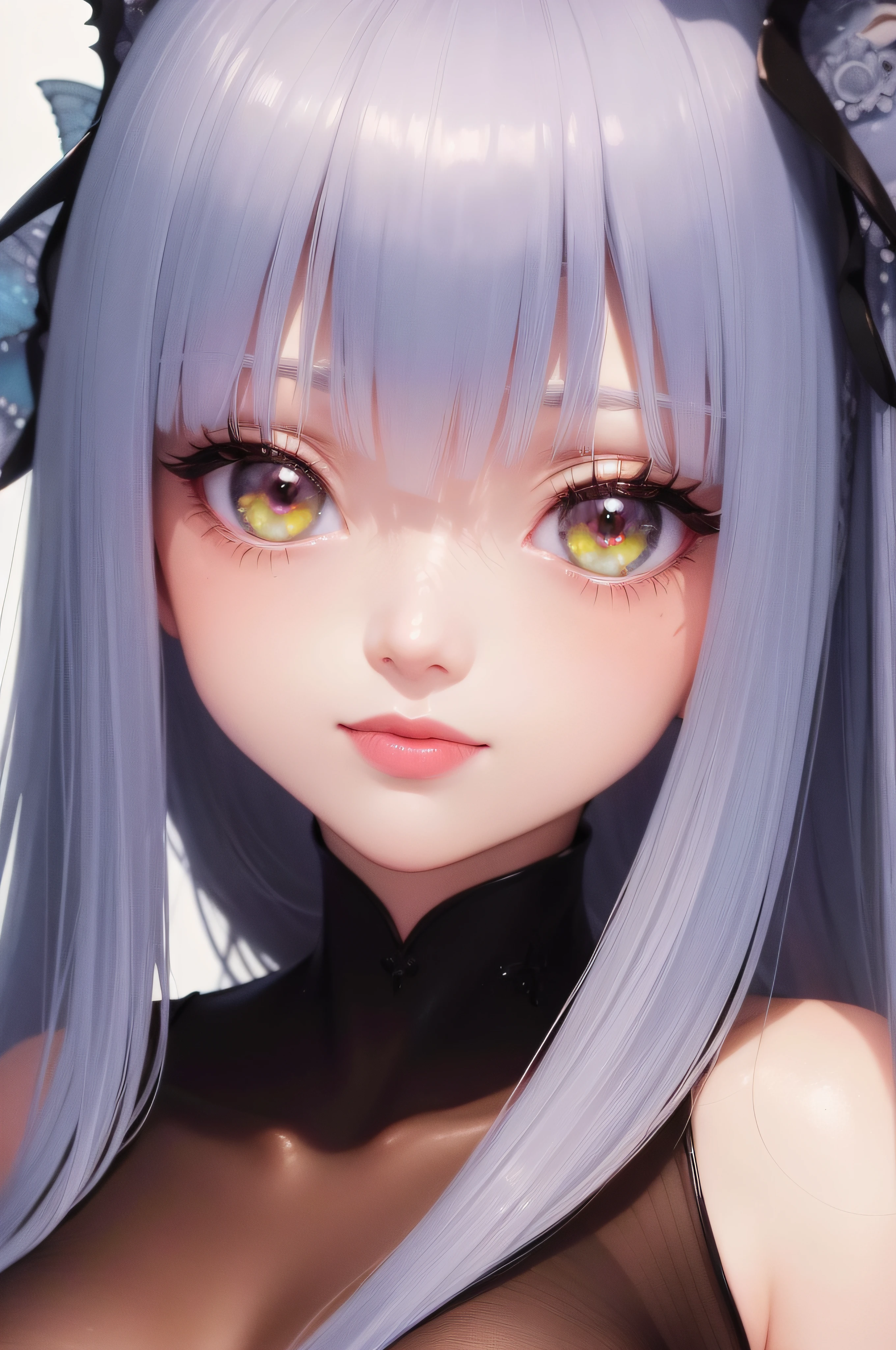 Close up of a smile with the corners of the mouth raised、Slim face closeup、Round and clear sapphire green eyes、Shining eyes、Beautiful 30 year old woman、Slim Faces、dreamlikeart、Highly detailed airbrush art、intricate detailes、Volumetric lighting、(top-quality)、(The ultra-detailliert)、Highly detailed colorful details、(Irridescent color:1.2)、(Bright lighting)、Magical、dynamic compositions、Ray traching、The mirror reflects light、Shallow depth of field、ultra-detailliert、mixing exposure、nffsw、Super masterpiece、vivd colour、colourfull、woman face、Rich colors、exquisitedetails、 (butterflys,Exquisite butterflies,Ultra CG), (High resolution:1.5)、(Shining eyes、Crimson eyes、Eye Gloss)(Open lips、dark red lips、lipgloss)、(bangss、Silvery hair、hair gloss)、Spider-Man's white wetsuit