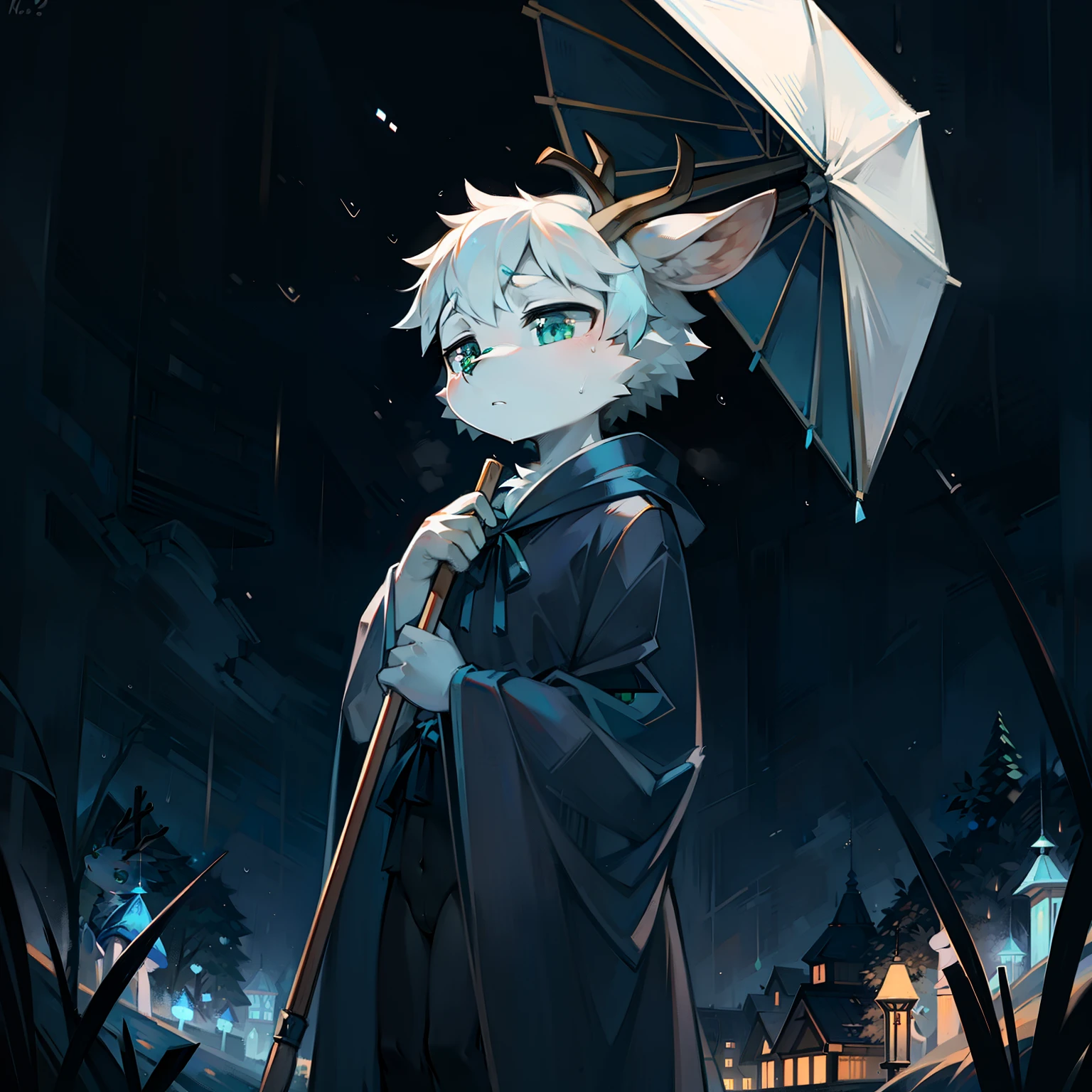 A white deer，Dark blue robe，Holding an umbrella，It rained heavily，Looks sad，Dark green pupils，Looking Up The Sky，An umbrella，Side Body，