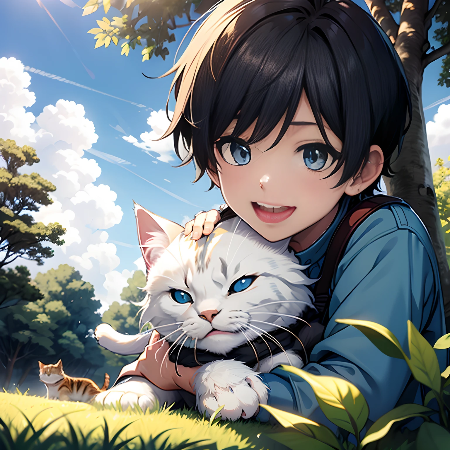 with blue sky and white clouds，Laughing boy holding a cat under a tree，Close-up