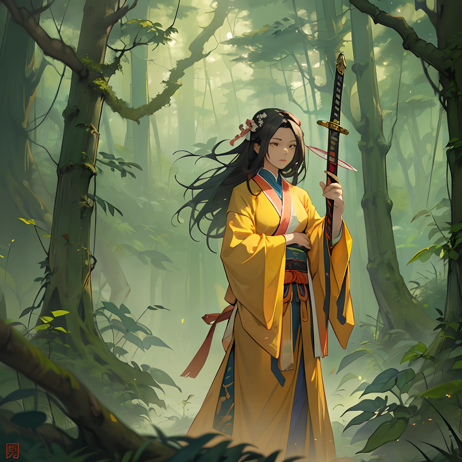 A female Taoist wearing a yellow robe stood in a dim forest, surrounded by thick gloom. The faint glow flickered on her peach wood sword, but it seemed to be bound by an invisible force.