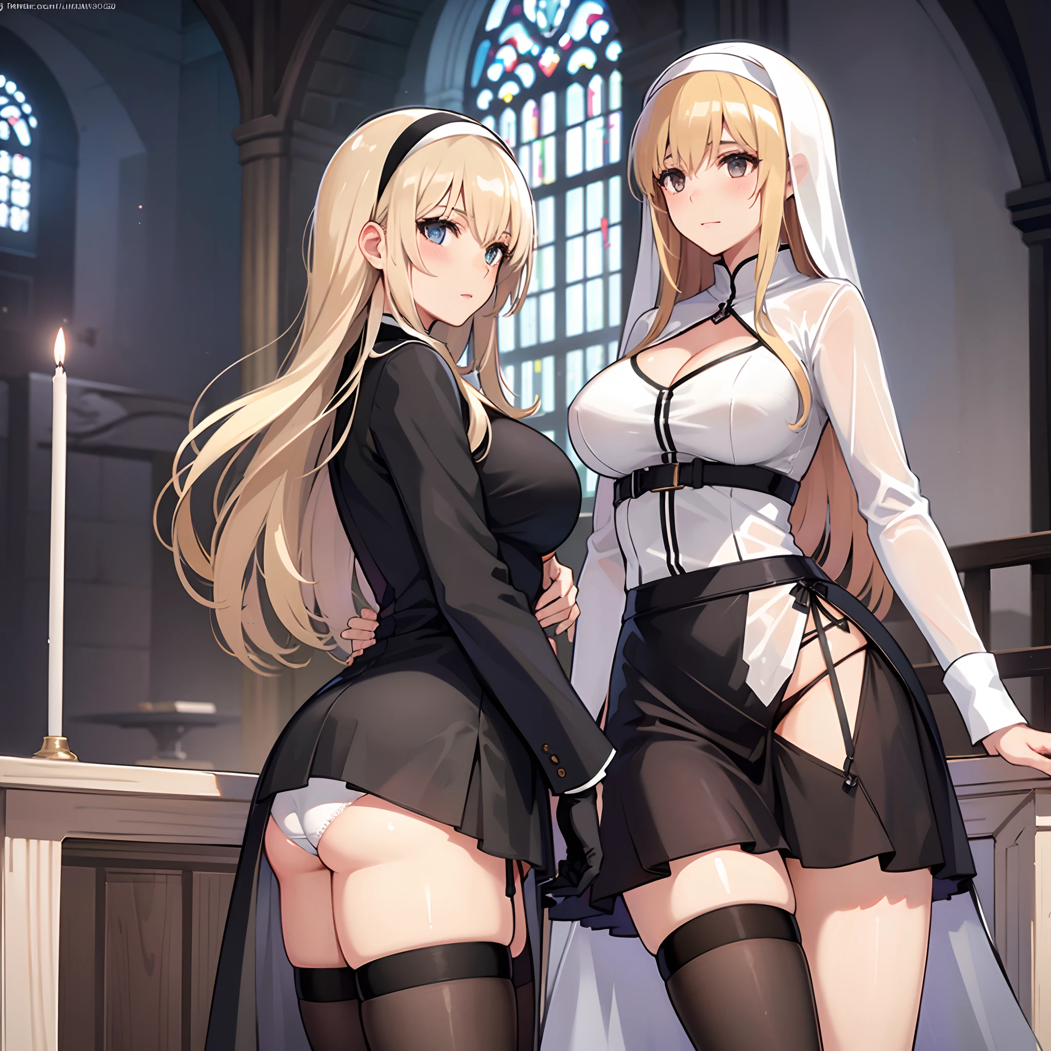 nun,large breasts,(((mature female,adult female))),25 years old,church,thong,(skirt),2girls,thighhighs,(white panties), in church,groin,blush,cleavage,in heat,happy,see-through.blonde hair