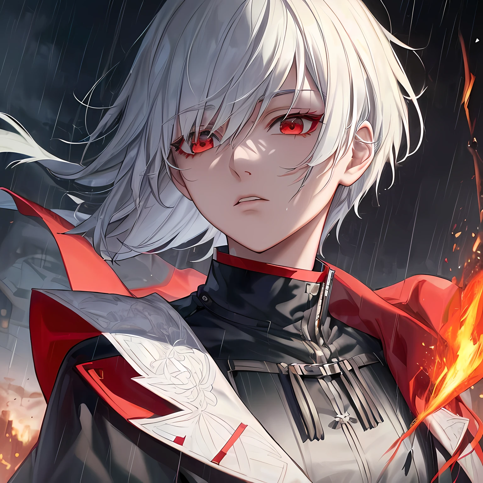 (Best premium of the month+the detail:1.1+Mastery+kaneki ken+Portrait+Male focus+red color eyes+Solo+bangs+view the viewer+Hood+Short hair+rain+toyko\(City\)+hijabi sluty+Nail polishing+whaite hair+luxury goods+8K details+Ray traching+depth of fields+电影灯光+head portrait+closeup of face),Hands are not visible。