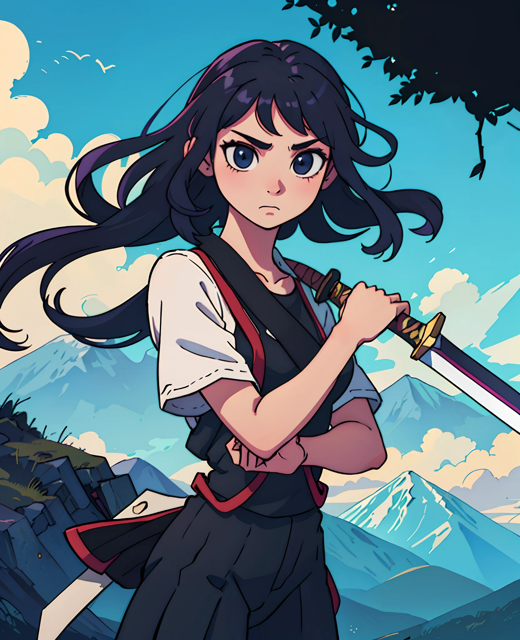 Girl with sword in hand black style mountain top upper body anime HD image high resolution