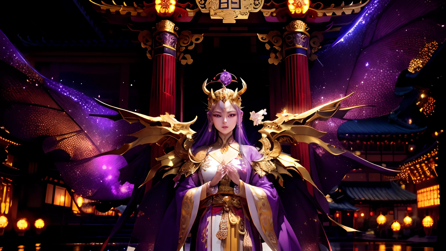 Damönenangel in a beautiful Kinamo in the colors purple white gold with a golden crown and horns on the head, highly detailed face and cyber wings stands in front of a Chinese gate