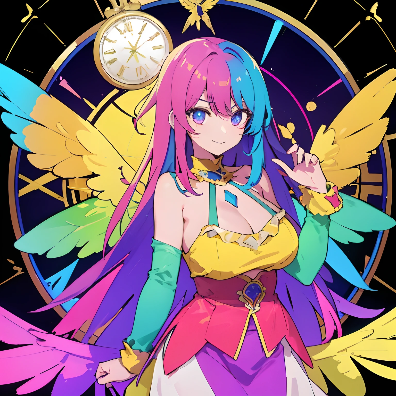 best qualtiy，tmasterpiece，A high resolution，dyna，Two pairs of colored wings behind him, and one pair of wings on the lower body，1gril，hair adornments，Hold your face with one hand