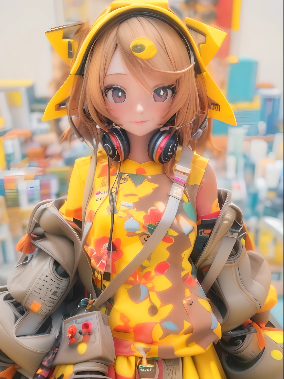 Anime - style figure of a girl with headphones and a yellow dress, anime style 4 k, anime robotic mixed with organic, Anime style. 8K, anime styled 3d, digital art in anime style, render of a cute 3d anime girl, Anime Manga Robot!! Anime Girl, Detailed Digital Anime Art, Anime style mixed with Fujifilm, digital anime illustration