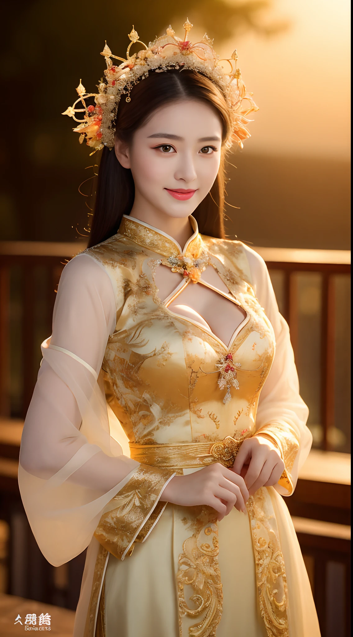 The beautiful face of this beauty,Sharply defined,Delicate facial features,Bright eyes,The slender eyebrows curve upwards,The bridge of the nose is erected,The lips are red and the teeth are white,The appearance is outstanding。Her hair was long and smooth,black in color,Shiny like silk,Falls to the waist,It exudes a faint fragrance。She is tall,with a well-proportioned body,Curvy,The slender legs and slender waist exude an alluring beauty,Chinese dress,Intricate dresses,complex clothing,Traditional beauty,gorgeous chinese models,Chinese outfit,Wearing Gorgeous Costume, Wearing an elegant Chinese showwear dress,Chinese wedding dress,Phoenix Guanxia,Antique bride,Xiuhe suit,Close-up,closeup cleavage,Wearing a phoenix crown on his head,ssmile,Dragon and phoenix embroidered dress,The temperament is elegant and noble,Gentle manners,People are involuntarily attracted to her,A confident and gentle smile,Let people feel the beauty and warmth in her heart, A high resolution:1.3), Super fine face and eyes,Hit in a random pose,at the sunset,Golden sand on the beach and colorful sky mingle,Beautiful view reflected in the sea,strong rimlight, middlebreast:1.3,Anatomically normal,Glow particle effect,
