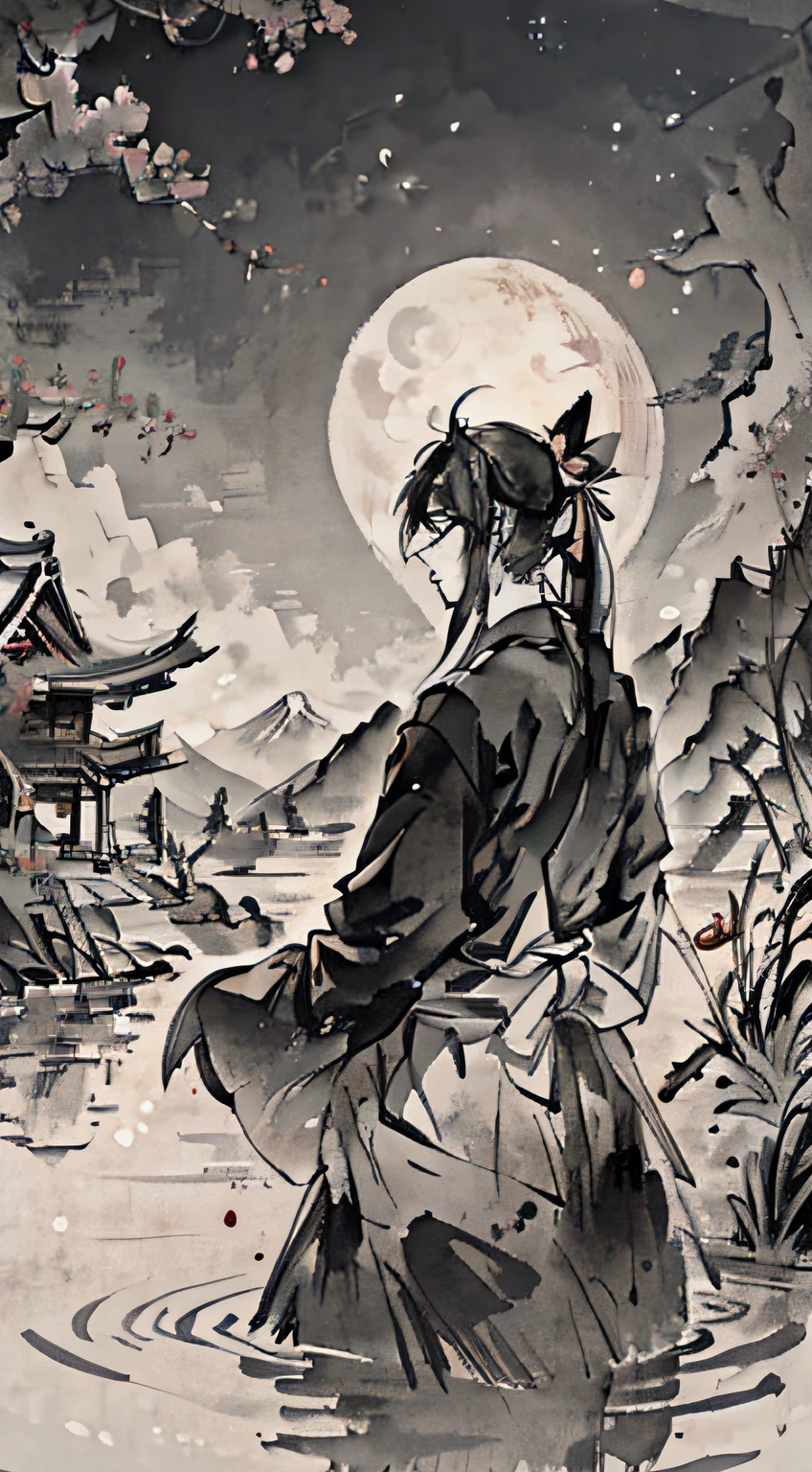 A young slender samurai man sits in the grass near the water and looks into the distance, He has long hair tied in a ponytail at the back of his head, smile face, Around it is a typical Japanese landscape: cherry blossoms, three-story pagodas, etc..D., The Moon Shone, In the background of the mountain