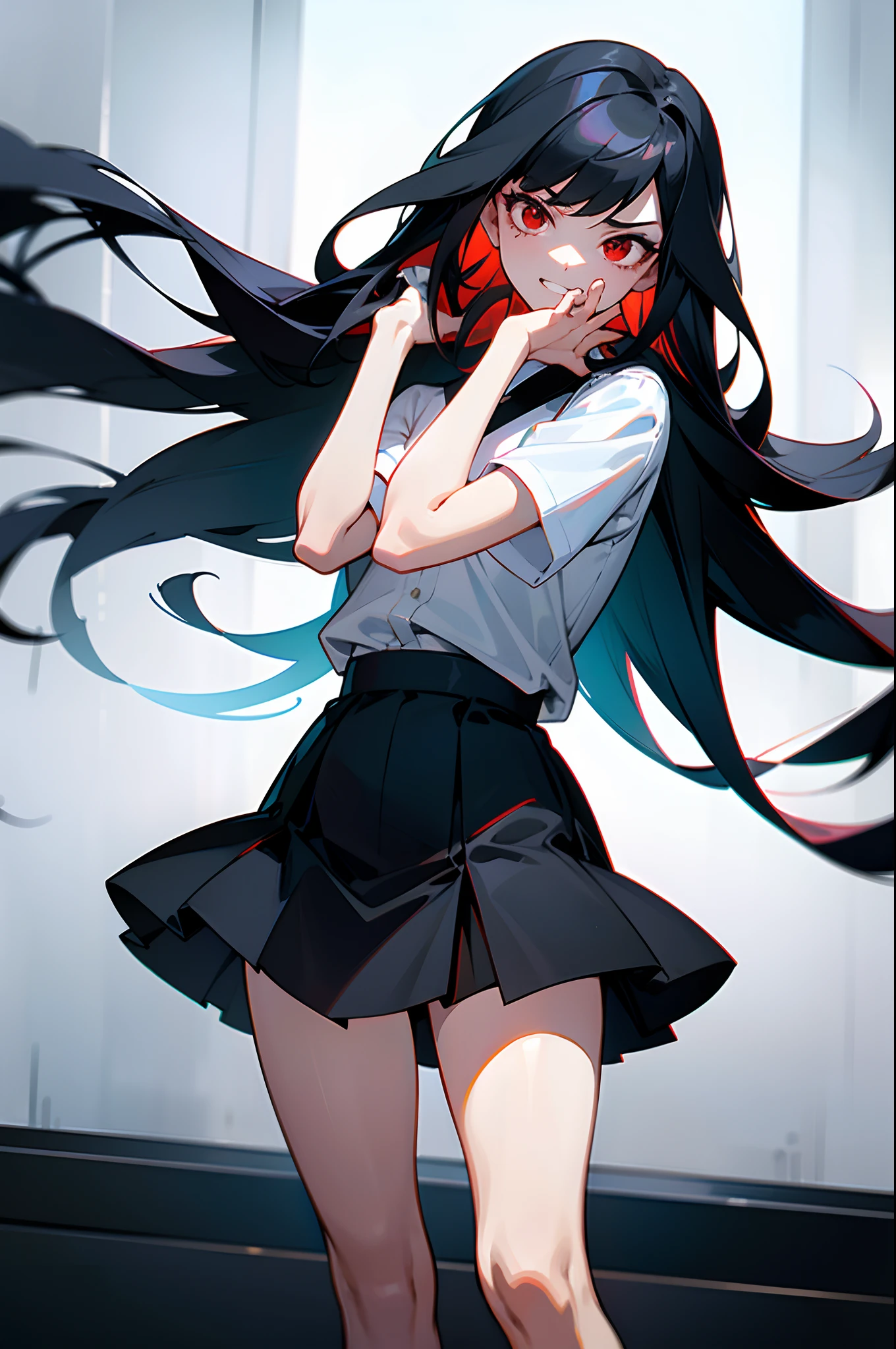 ((tmasterpiece)),Girl(Translucent white short-sleeved shirt),((black micro skirt)),(Translucent black over-the-knee stockings),(adolable),(is shy),Nice red eyes,(Toothy)Ear baring(Long black hair),long leges,ultra - detailed,Hands,Two legs,Five fingers(full bodyesbian), (staredown), (Look directly at the viewer), (Side Body), (are standing)
