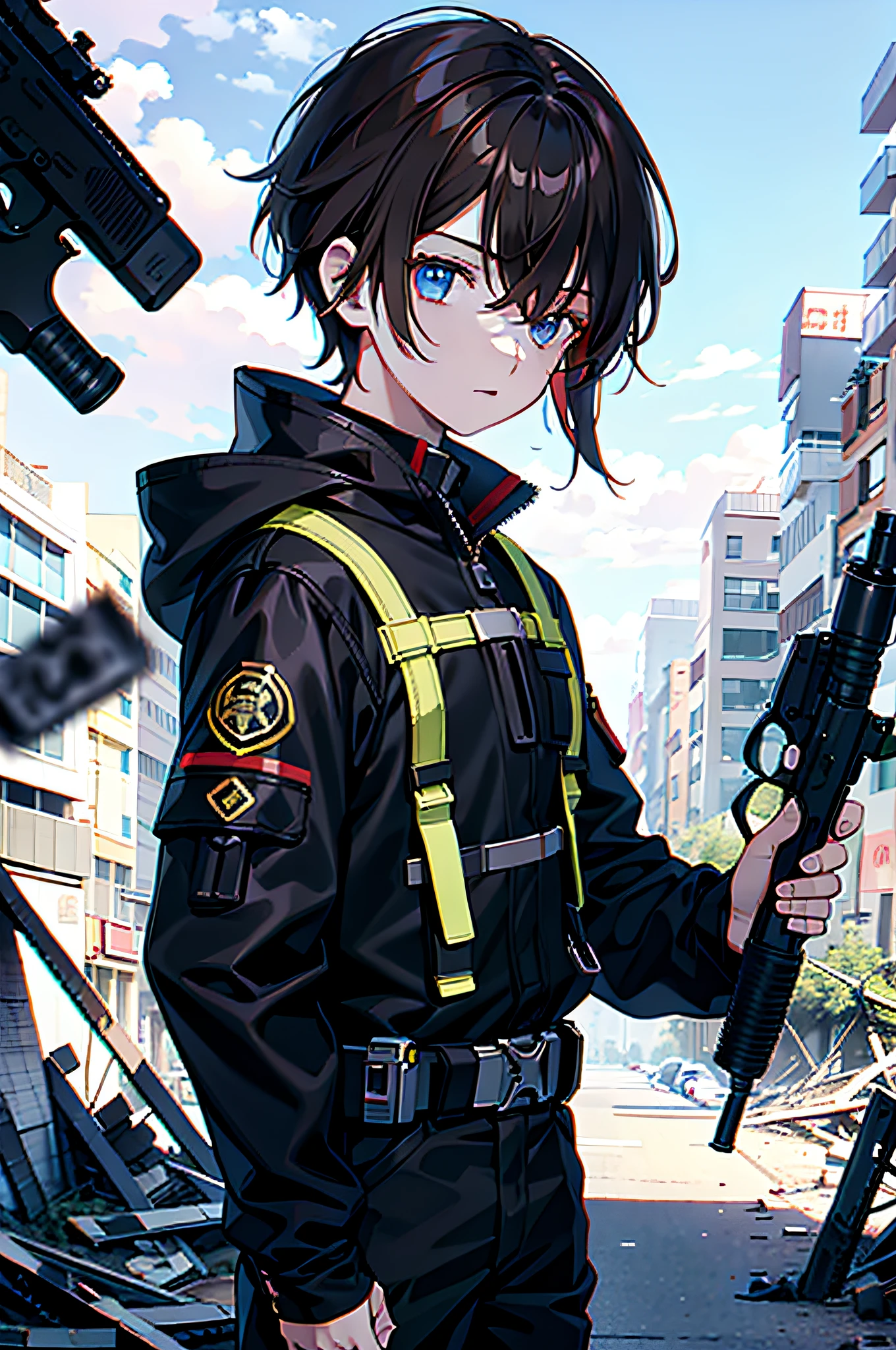 sci-fy,Brunette boy with gun,Apocalyptic scene in ruins。