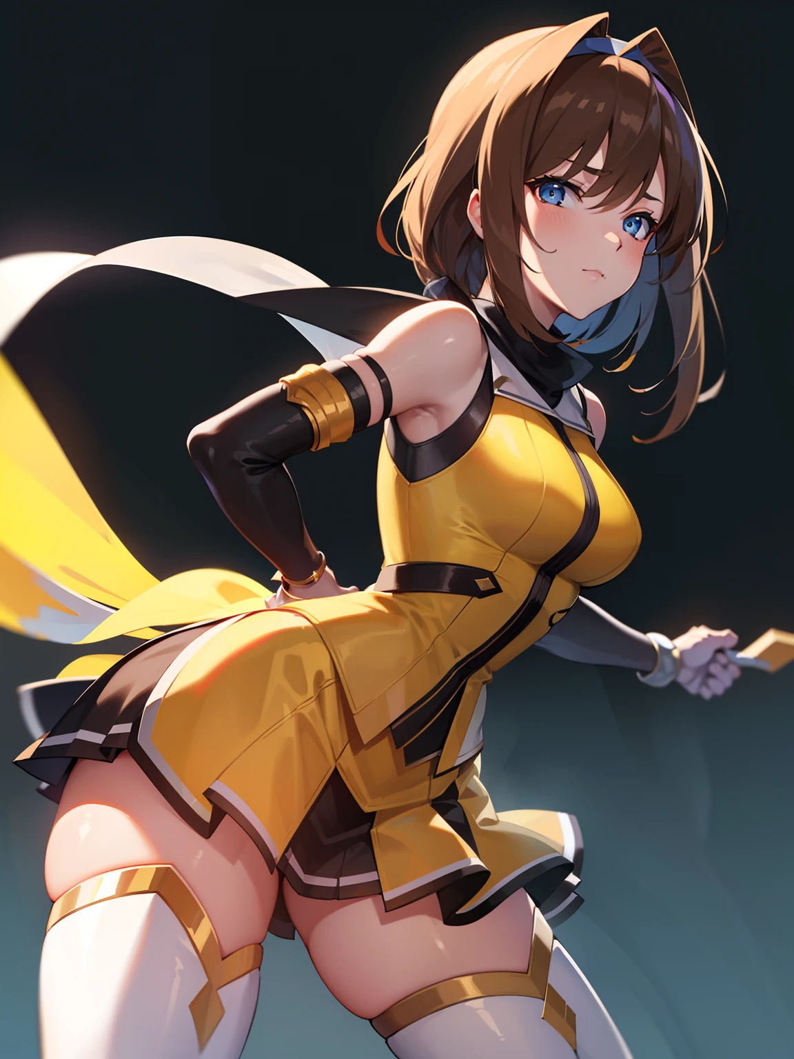 (ultra extreme details),(masterpeace),(hyper extreme),(Photorealistic),CG,(colours:1.2), Beautiful lighting,Light from the front, Solo,takamori_Haruka,Blue eyes,Brown hair,shairband,Yellow dress, white thighhighs, White skirt, Black slit sleeves,