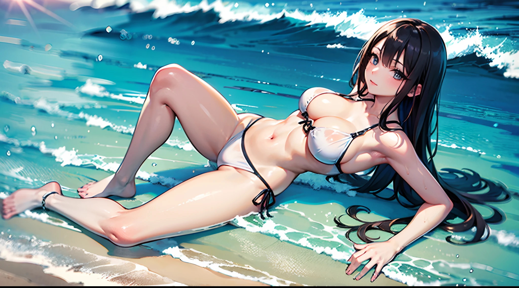 Masterpiece, top quality, 1 girl, wetted skin、swimwear, full body illustration
