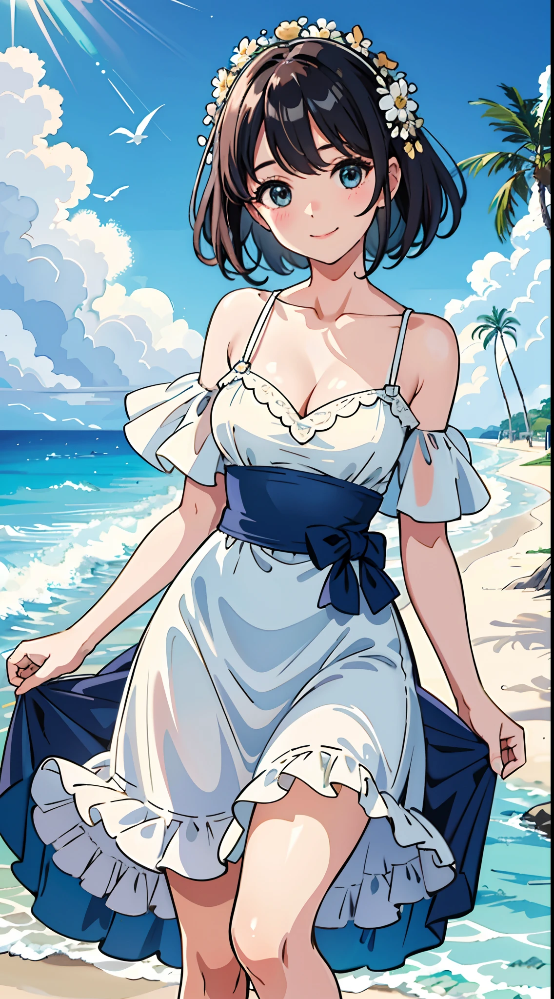 (Best quality, Masterpiece), 1girll, 10years old, Amazing, adolable, A heartwarming smile, Hourglass figure, Floral skirt, the sea,sandbeach,Slip dress,the trees,blue-sky,baiyun,seagulls,cleavage,Off-the-shoulder attire,Raised sexy,Close-up shot