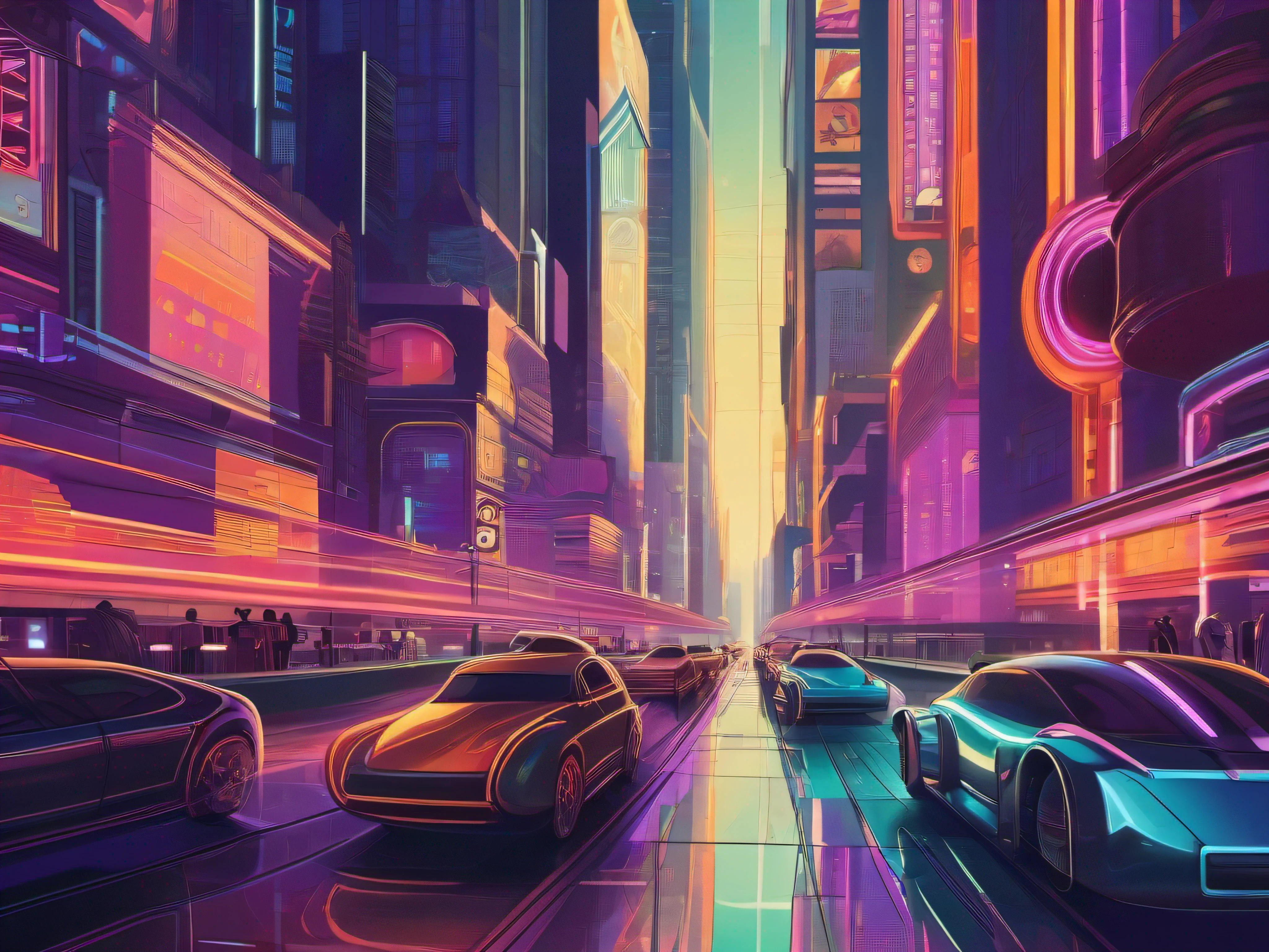 Create a captivating vintage-inspired poster depicting a sprawling futuristic cyberpunk metropolis. Emulate the iconic design elements of early 20th-century travel advertisements, infusing them with neon-lit skyscrapers, soaring monorails, and bustling hovercrafts. Utilize the distinct color palette reminiscent of art deco aesthetics, with deep blues, electric purples, and vibrant teals. Frame the scene through a wide-angle lens, capturing the city's grandeur from a low angle to emphasize its towering architecture. Employ dynamic composition techniques, such as the rule of thirds, and incorporate a touch of film grain for an authentic retro feel.