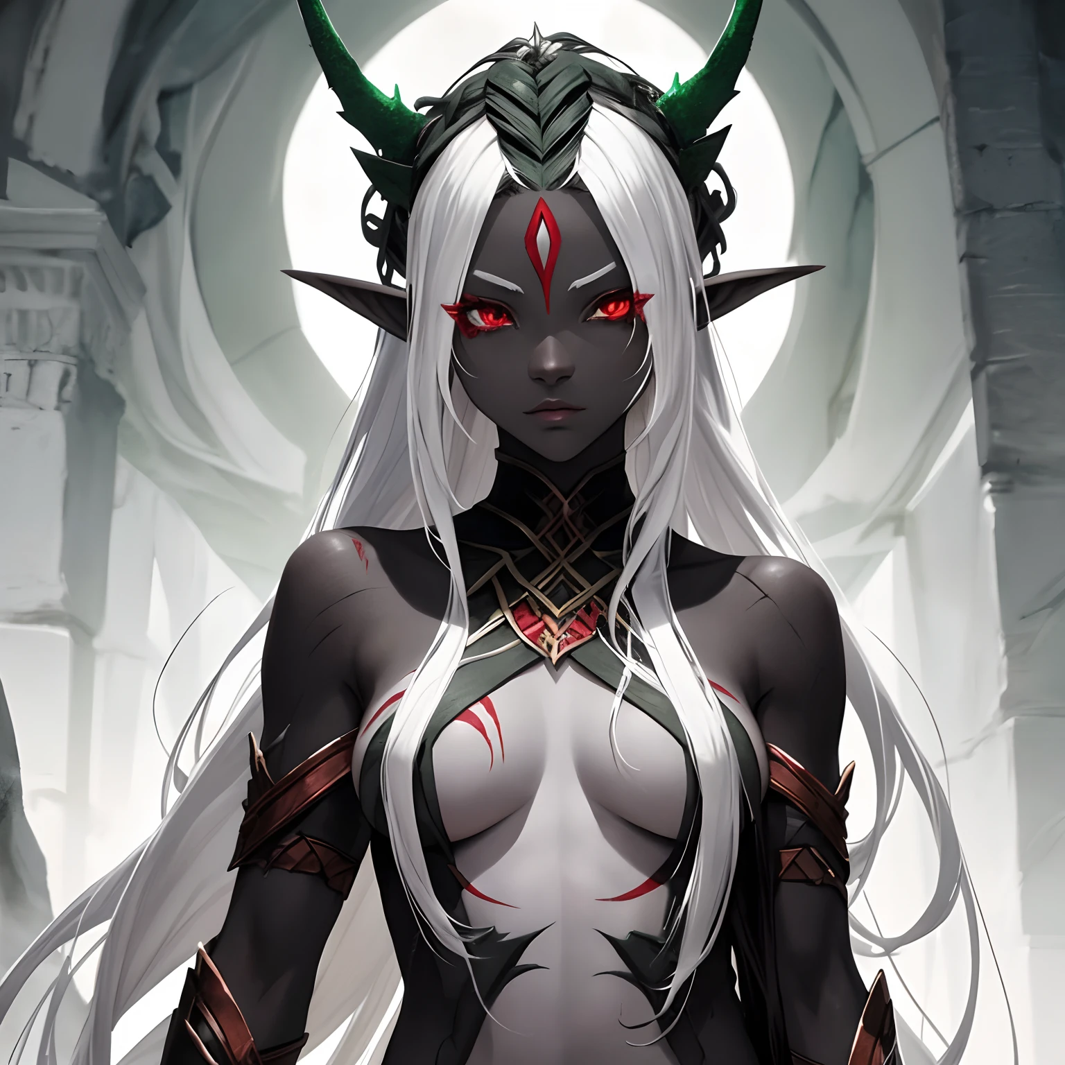 woman, genasi, half-elf, black graphite skin, white long hair, red eyes,strong body, scars all over the body, green clothes, villain look