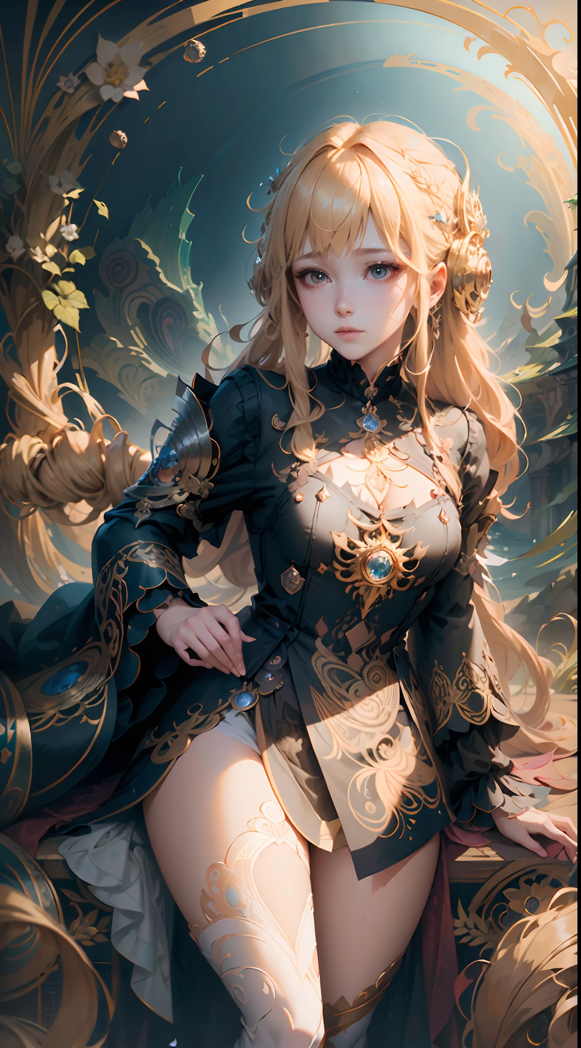 blond hairbl，Royal sister，jofficialart,unity8kwallpaper,ultradetailed,beautifulandaesthetic,masterpiece,bestquality,(zentangle,mandala,tangle,entangle),(fractalart:1.3),(1girl:1.1),extremelydetailed,dynamicangle,cowboyshot,themostbeautifulformofchaos,elegant,abrutalistdesigned,vividcolours,romanticism,byjamesjean,robydwiantono,rosstran,francisbacon,michalmraz,adrianghenie,petracortright,gerhardrichter,takatoyamamoto,ashleywood,atmospheric,ecstasyofmusicalnotes,streamingmusicalnotesvisible