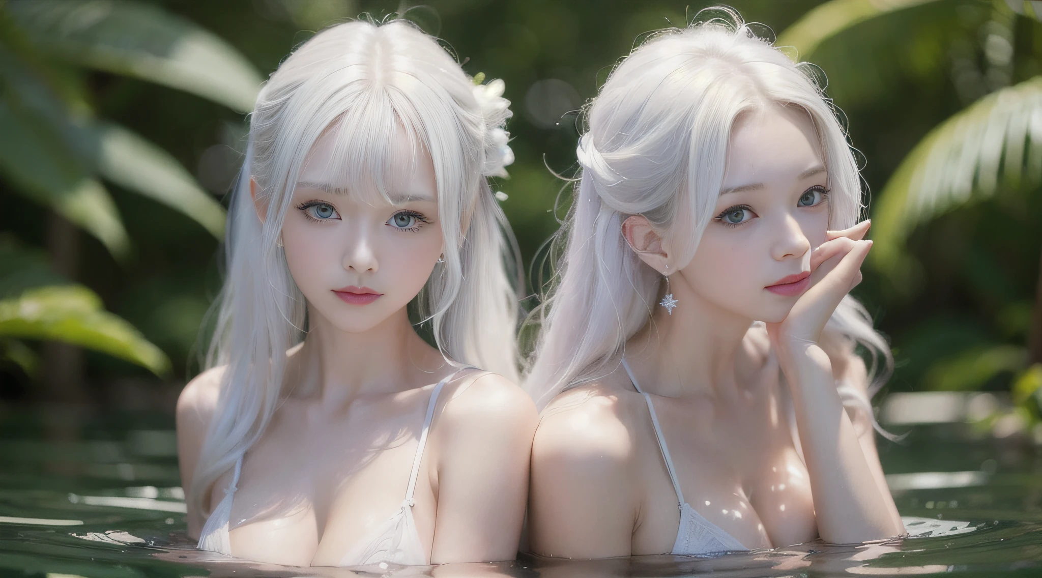 ((((Beautiful white hair))))、((small head))、Beautie、Beautuful Women、Japan Idol、(Perfect body:1.1)、(年轻)、(Beautiful white hair with short wavy:1.2)、(((8K))、(( Raw photography)))、(((a white bikini)))、(Highly detailed 8k wallpapers)、(extremely delicate and beautiful)、(​masterpiece)、(top-quality:1.0)、(超A high resolution:1.0)、beautiful  lighting、Perfect Lightning、realistic shadow、[hight resolution]、 Detailed skin、ultra-detailliert、thin clavicle、perspired、爆乳、huge tit、beutiful breast、red blush、Photorealsitic、Lifelike face、realisticeyes、is looking at the camera、a smile、 Lips with pink lips、natural make up、The best very happy smile、((best qualtiy)), ((tmasterpiece)), huge filesize, ultra-detailliert, hight resolution, ighly detailed, top-quality, ​masterpiece、full bodyesbian、Three-dimensional depiction、all-fours、all-fours、all-fours、((Show your))、((Show your))、Rear view、Rear view、Rear view、Rear view、s ass、s ass、s ass、s ass、A sexy、Mare、under the water