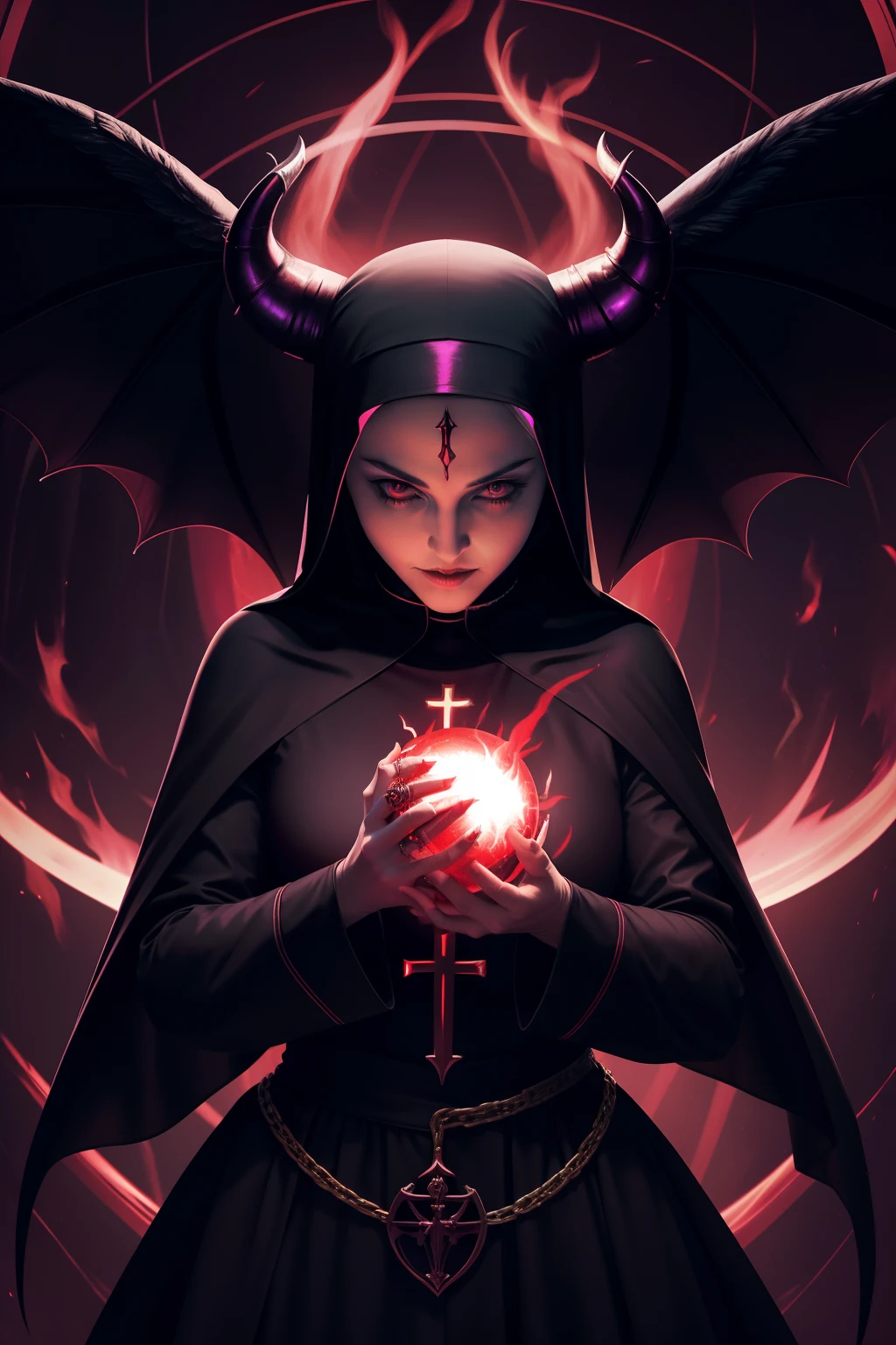Madonna : The evil nun, Demon horn, Demon wings on the head , an evil red glow emanating from her, his hands preparing a purple ball of fire, diabolique, insidieux, Context of the Satanic Church