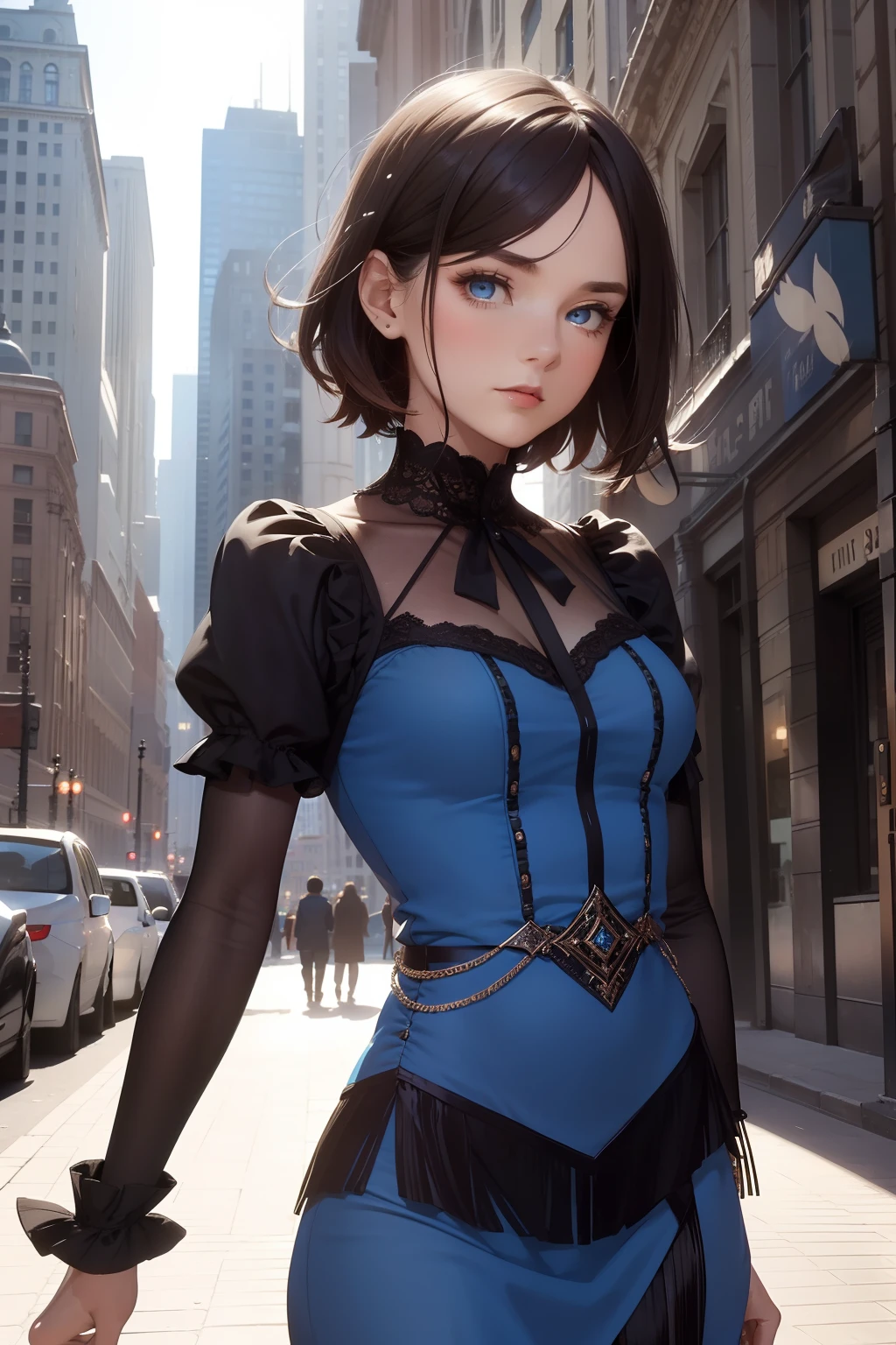 (masterpiece, best quality, ultra-detailed, best shadow), (detailed background, upper body, city, chicago, sidewalk, doe-eyed expression , facing viewer, looking at viewer ), (detailed face, masculine features, nerd), high contrast, (best illumination), ((cinematic light)), colorful, hyper detail, dramatic light, intricate details, ( 1girl, solo, young man, brown hair, blue eyes, medium hair, messy hair, shrug \(clothing\), slim, flapper dress, 1920s )