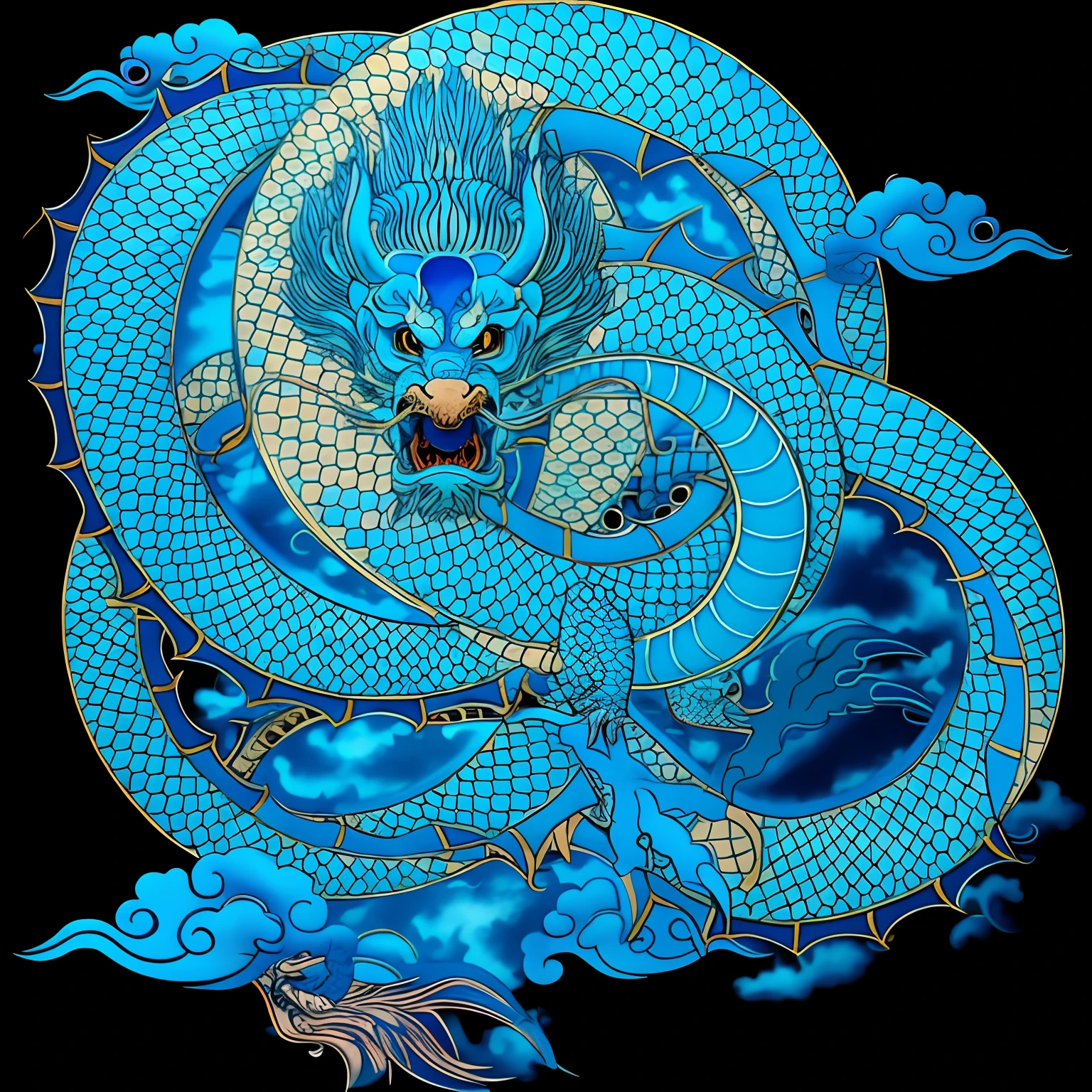 Close up of dragons and clouds on blue background, chinese dragon engrave, cyan chinese dragon fantasy, majestic japanese dragon, Chinese Dragon, smooth chinese dragon, Golden dragon, dragon design language, Blue dragon, chinese dragon concept art, chinese dragons fighting, Dragon Art, dragons flying in the sky, detailed dragon, colossal dragon as background