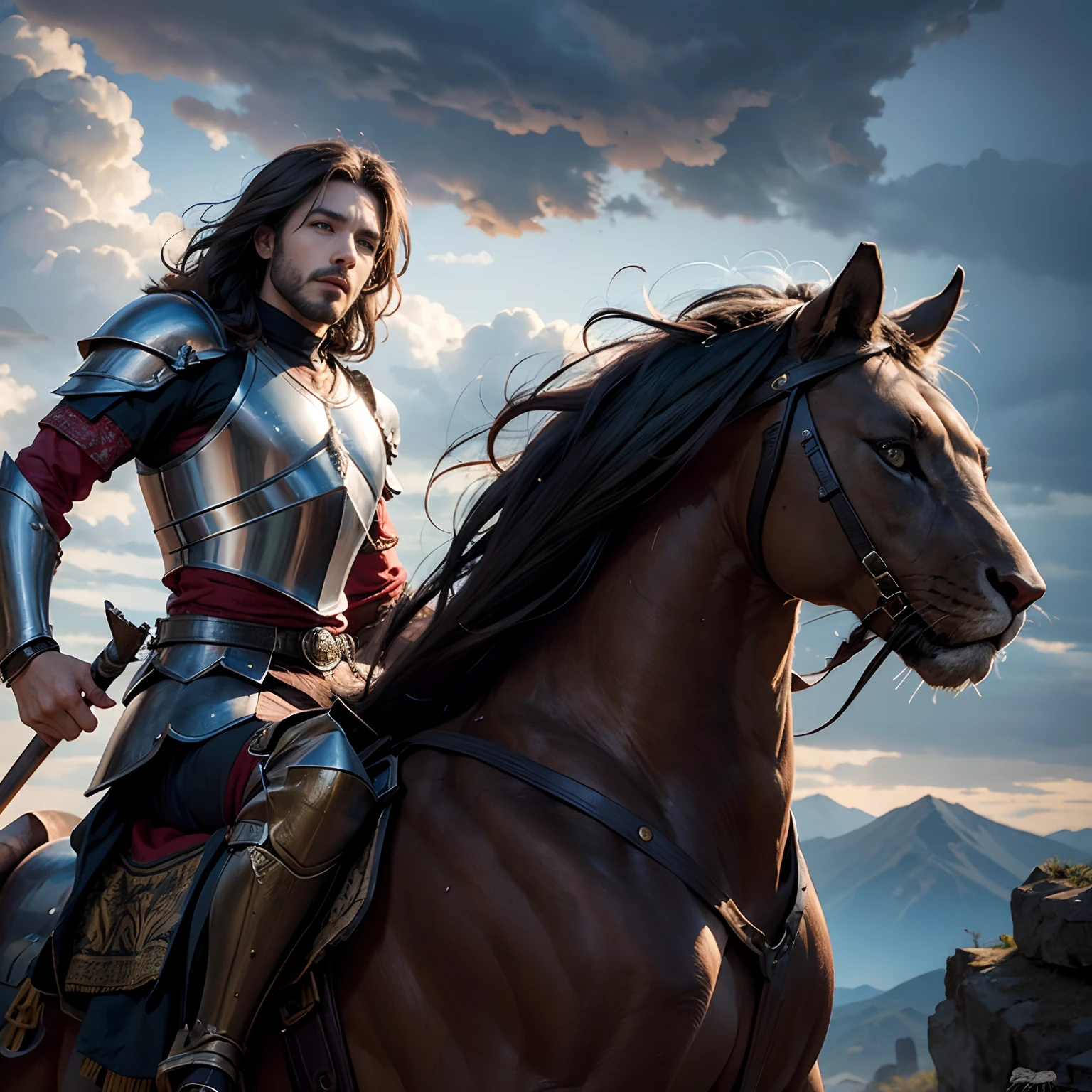 Great moroccan warrior leather Armor riding great Legendary roaring lion with thunder storm Epic scene super detailed hyper realistic