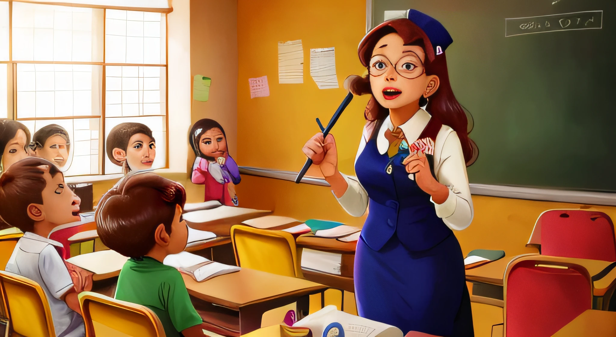 A professora clara explicando aos alunos dentro da sala de aula da escola
